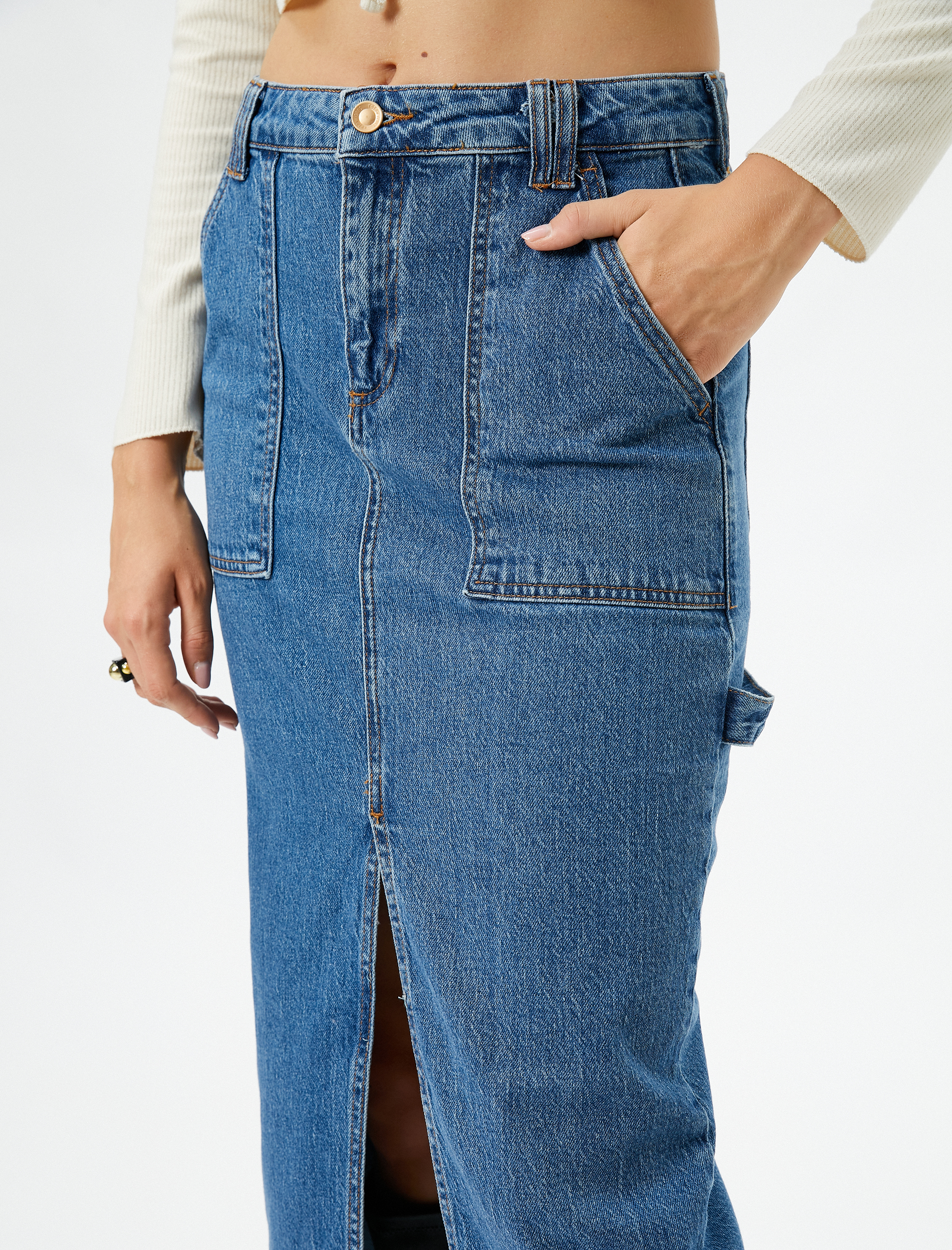   Midi Kot Etek Yırtmaç Detaylı Cepli Fermuarlı