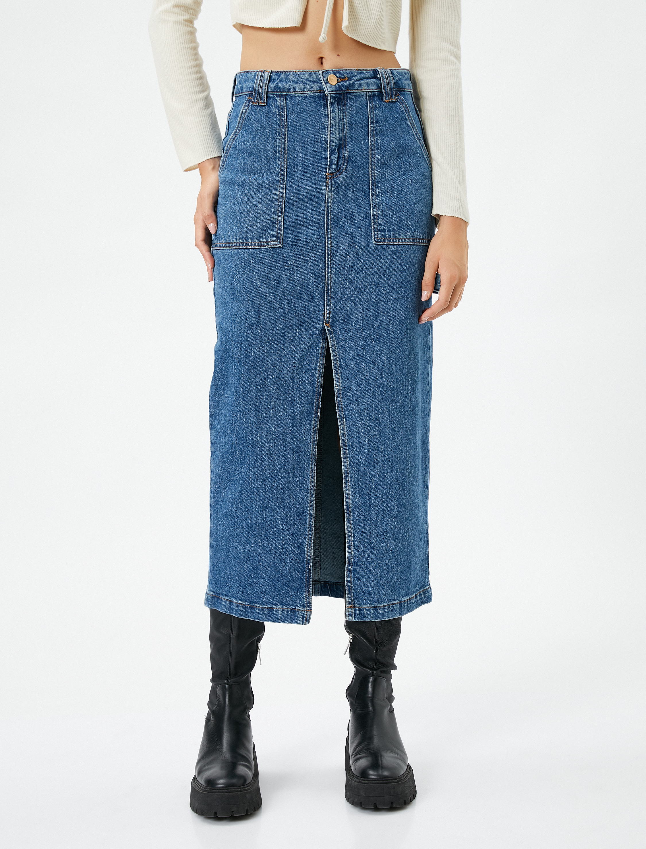   Midi Kot Etek Yırtmaç Detaylı Cepli Fermuarlı