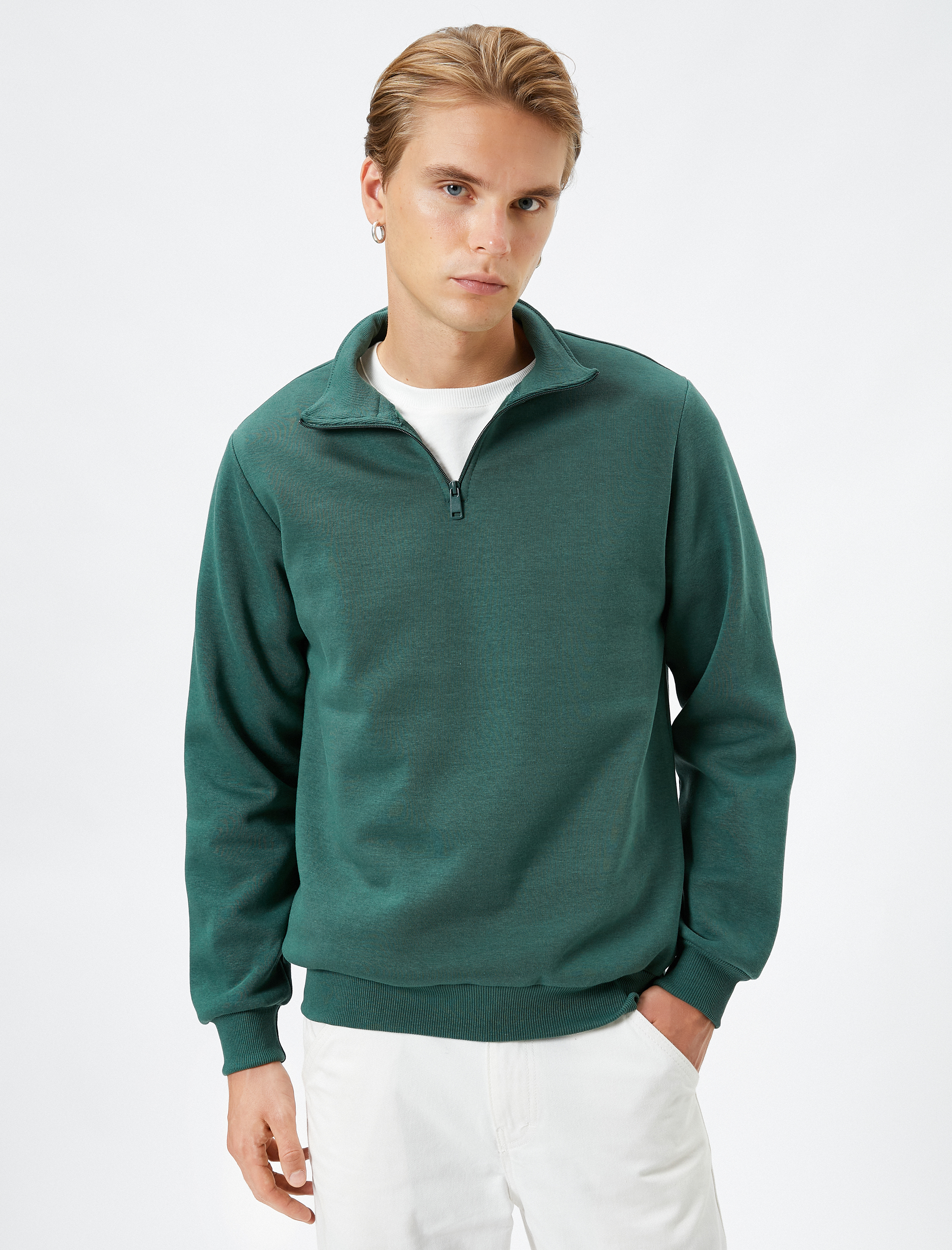   Yarım Fermuarlı Sweatshirt Dik Yaka Uzun Kollu Şardonlu