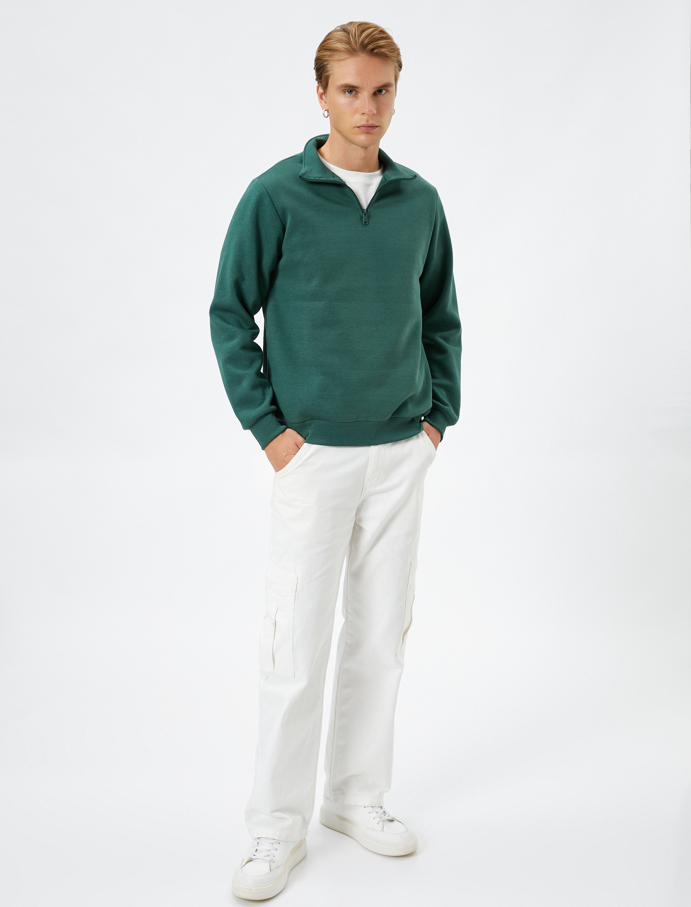   Yarım Fermuarlı Sweatshirt Dik Yaka Uzun Kollu Şardonlu