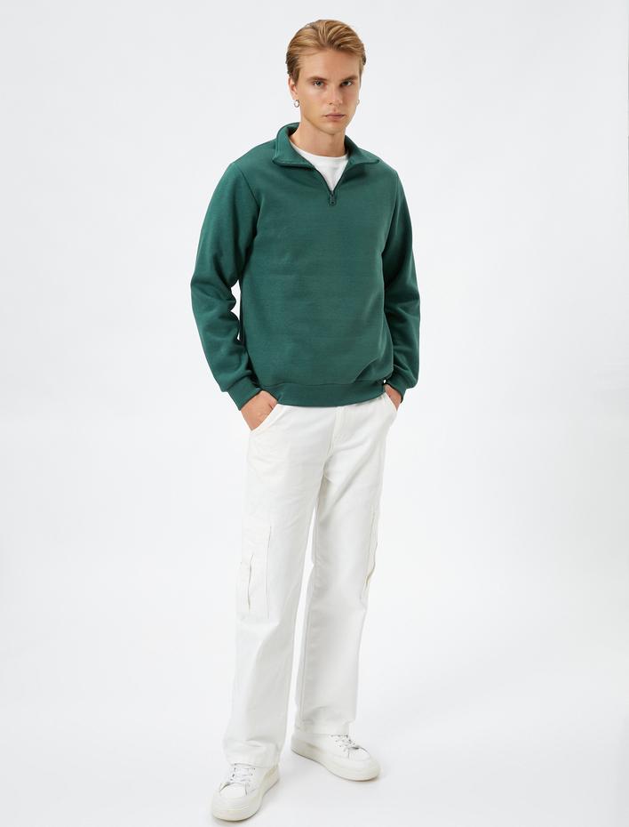  Yarım Fermuarlı Sweatshirt Dik Yaka Uzun Kollu Şardonlu