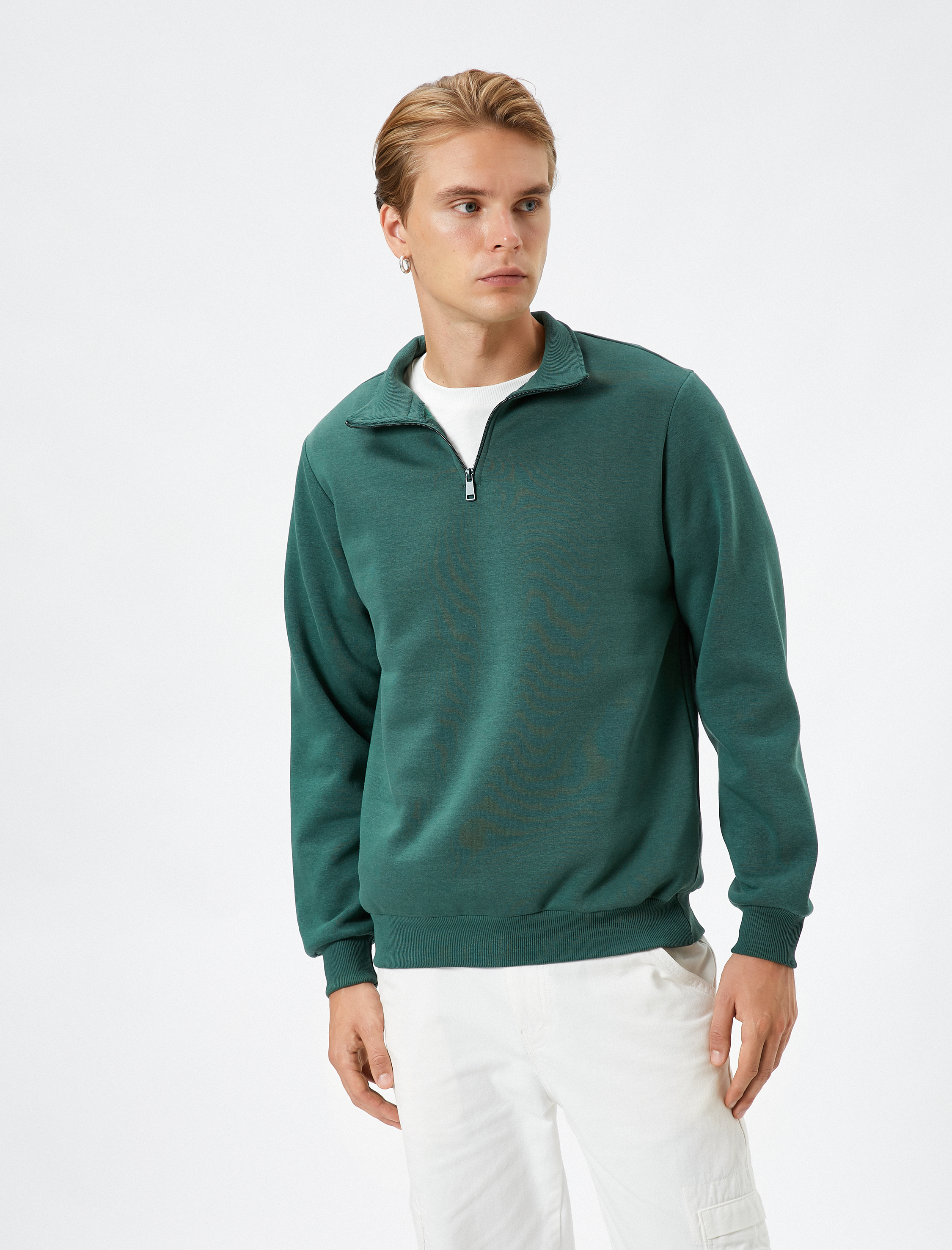   Yarım Fermuarlı Sweatshirt Dik Yaka Uzun Kollu Şardonlu