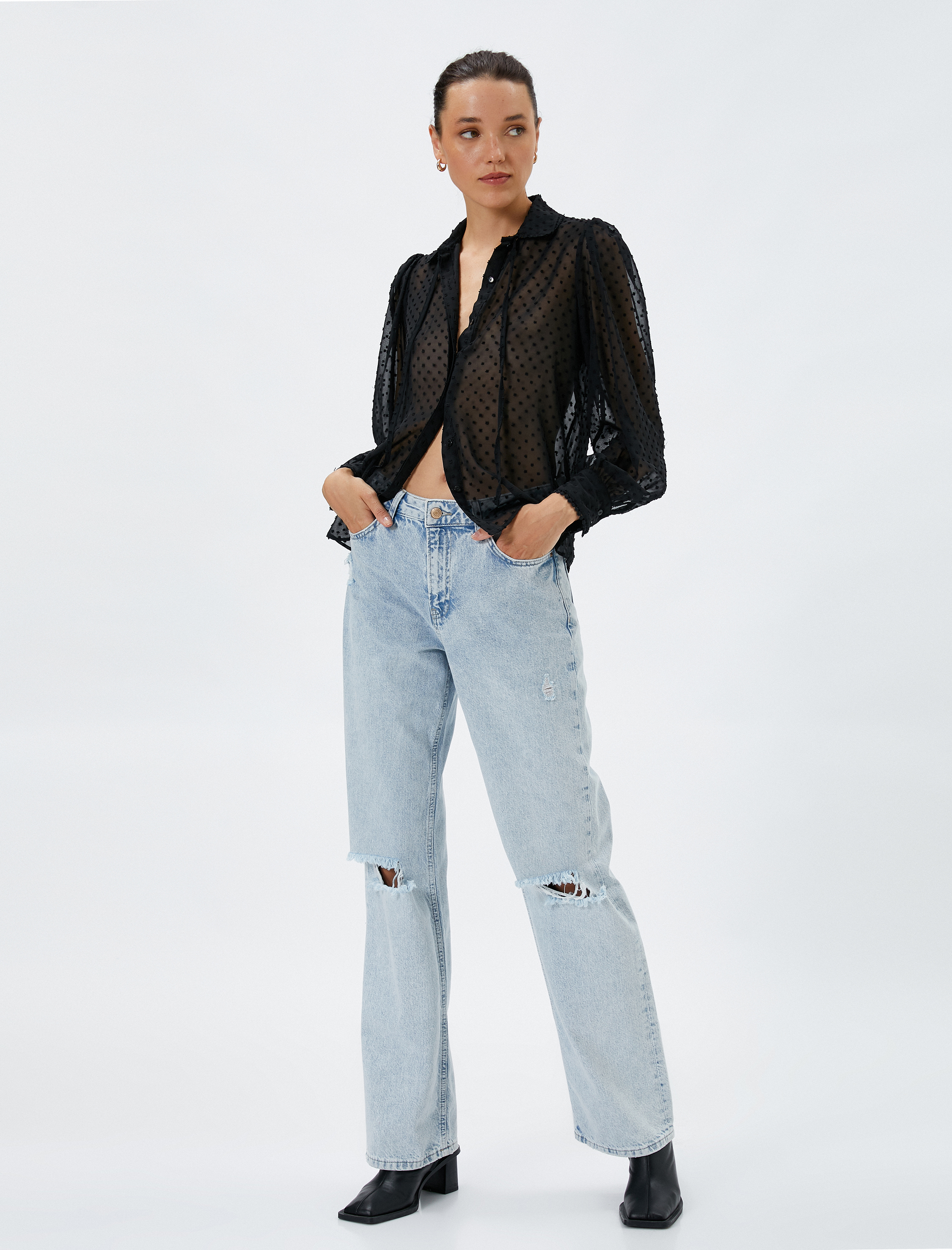   Transparan Şifon Gömlek Dokulu Balon Kollu Bağlama Detaylı