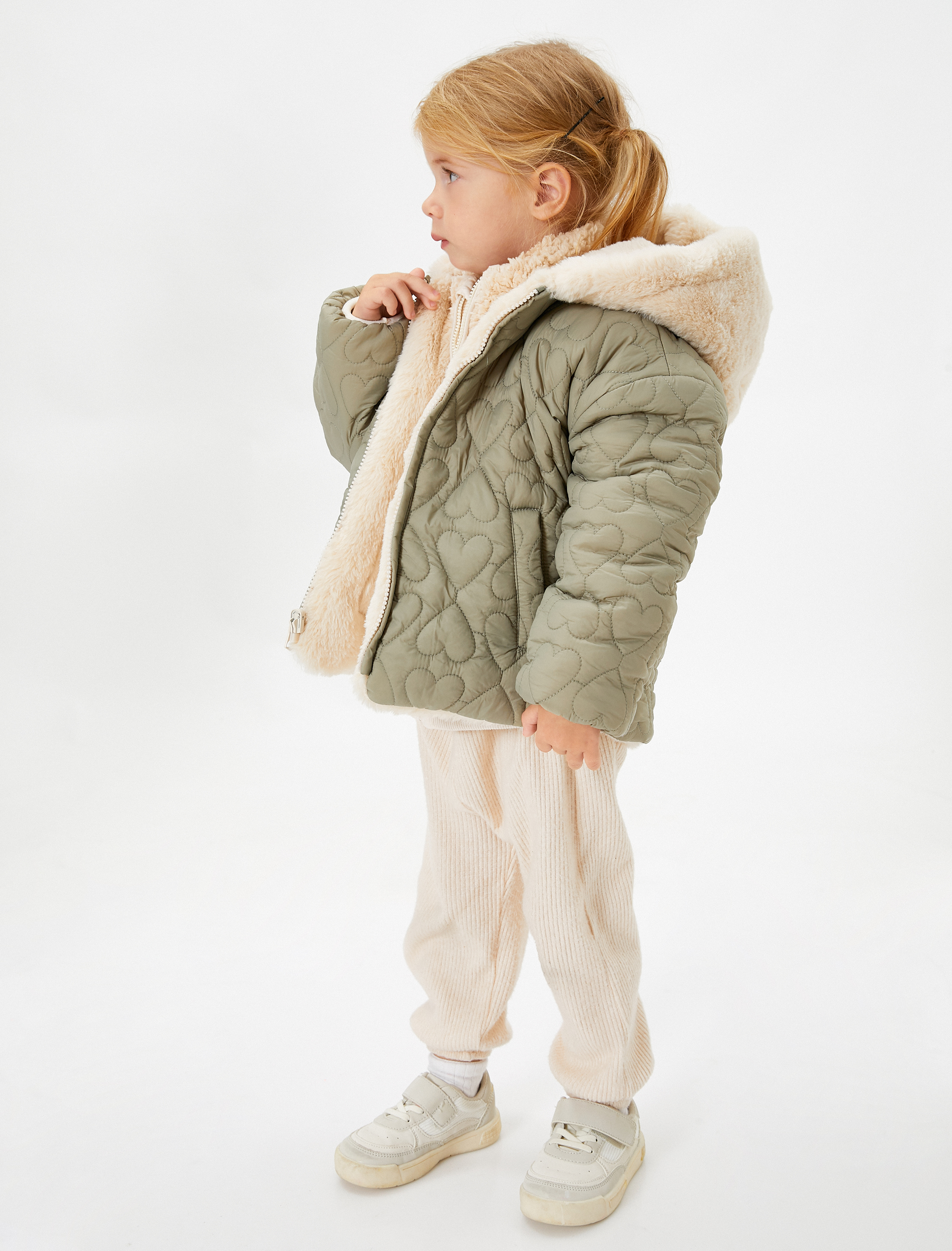  Kız Bebek Ceket Kapşonlu Çift Taraflı Peluş - Kapitone Fermuarlı