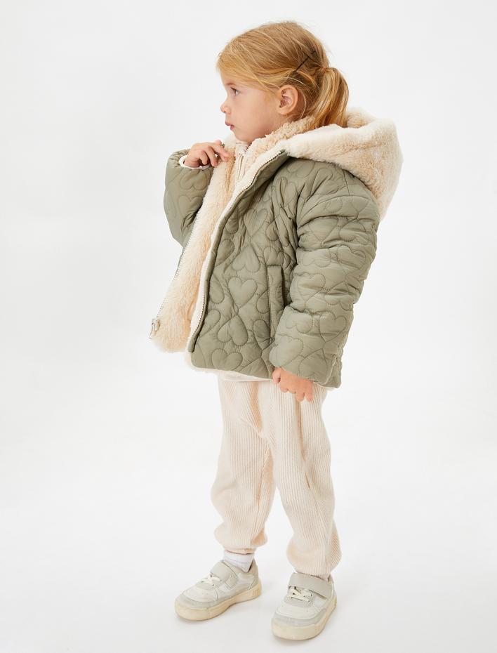 Kız Bebek Ceket Kapşonlu Çift Taraflı Peluş - Kapitone Fermuarlı