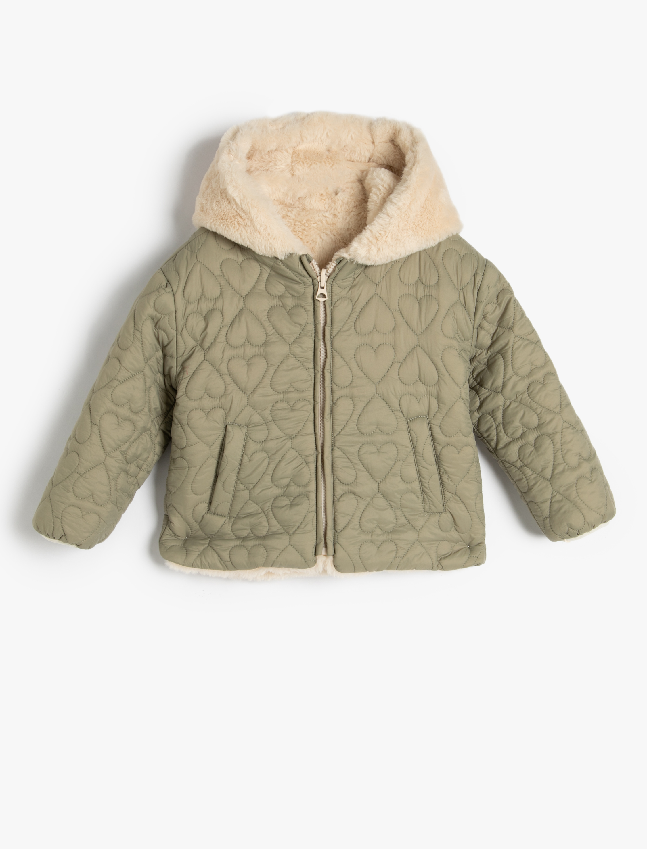  Kız Bebek Ceket Kapşonlu Çift Taraflı Peluş - Kapitone Fermuarlı