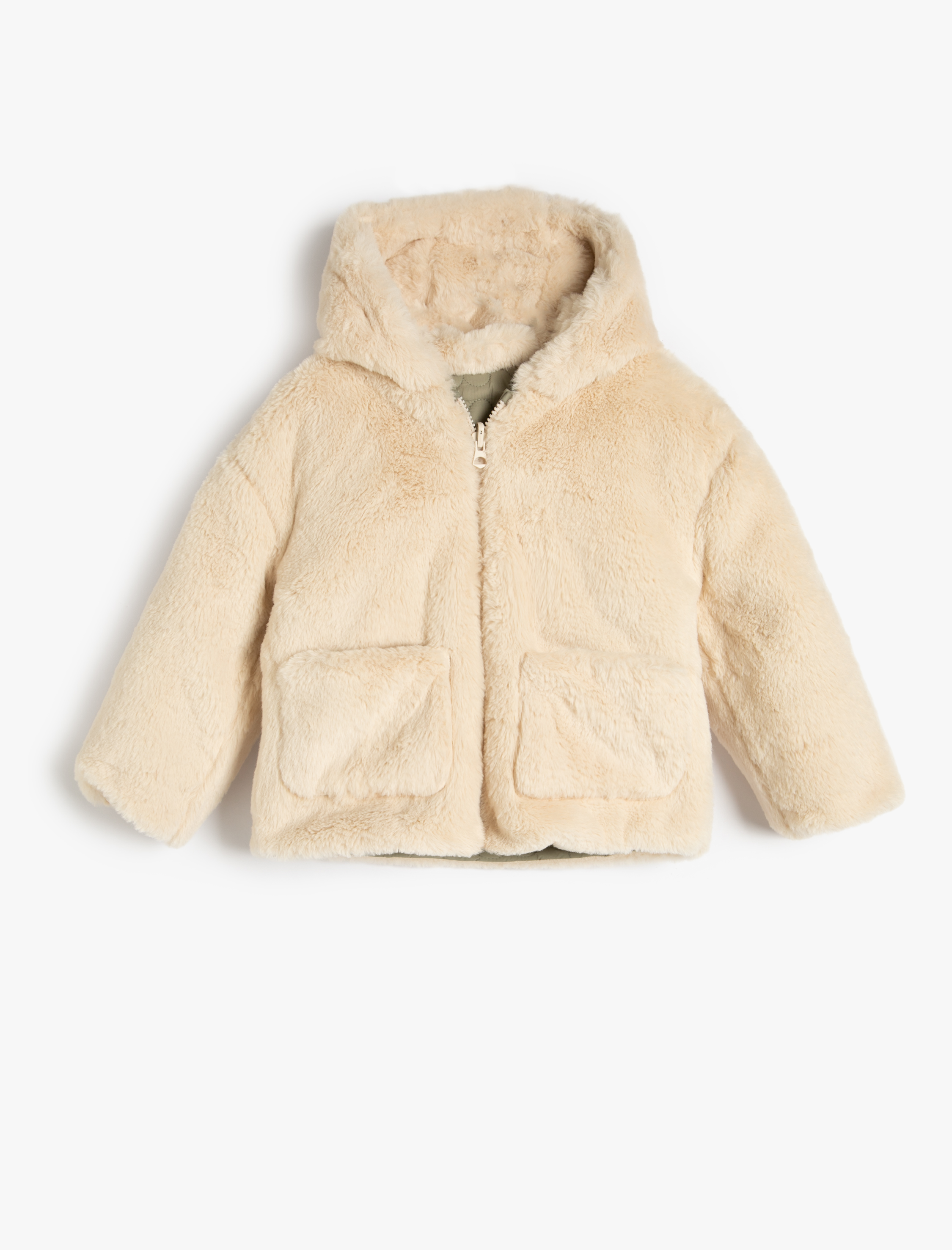  Kız Bebek Ceket Kapşonlu Çift Taraflı Peluş - Kapitone Fermuarlı