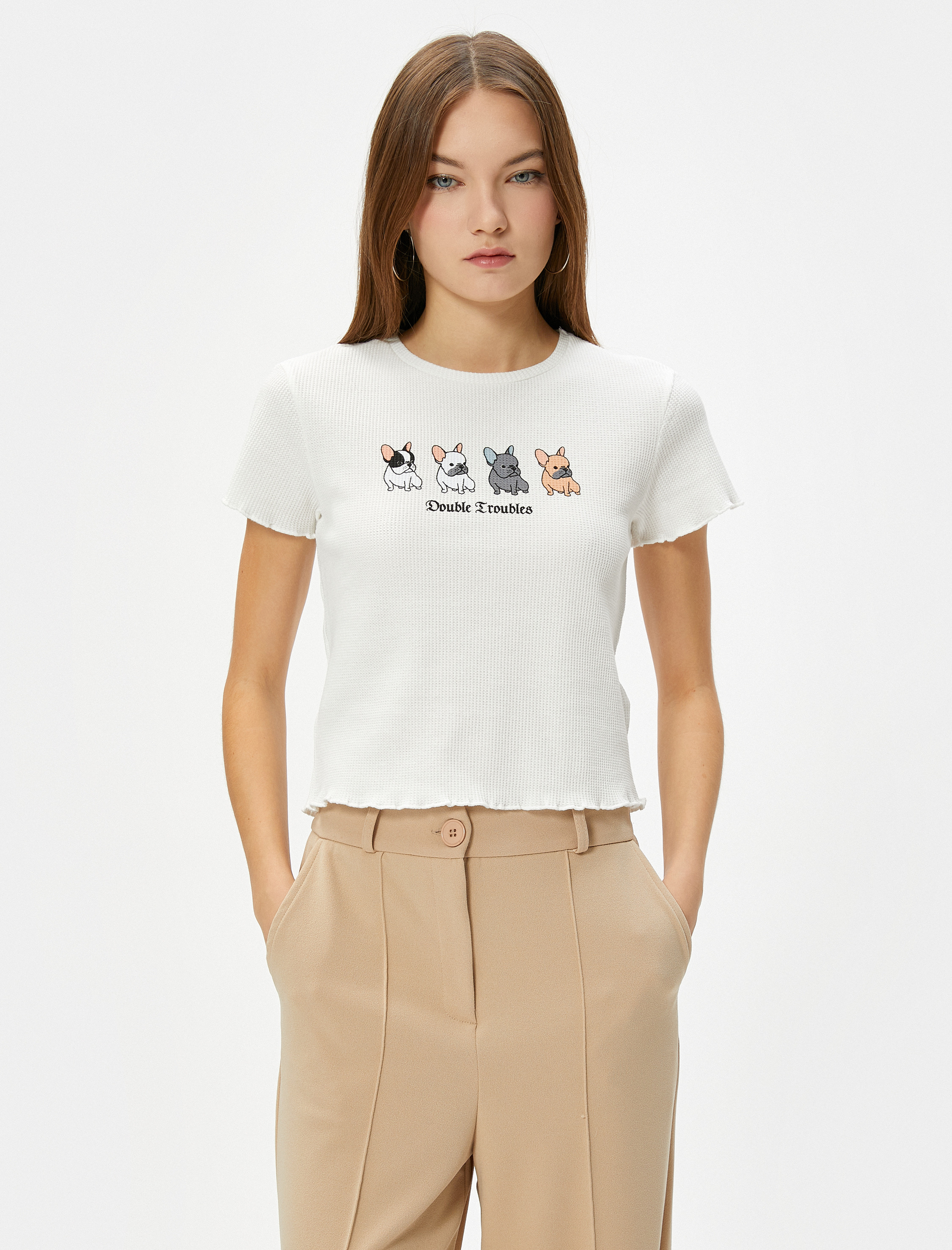   Köpek Baskılı Crop Tişört Kısa Kollu Bisiklet Yaka Dokulu Pamuklu