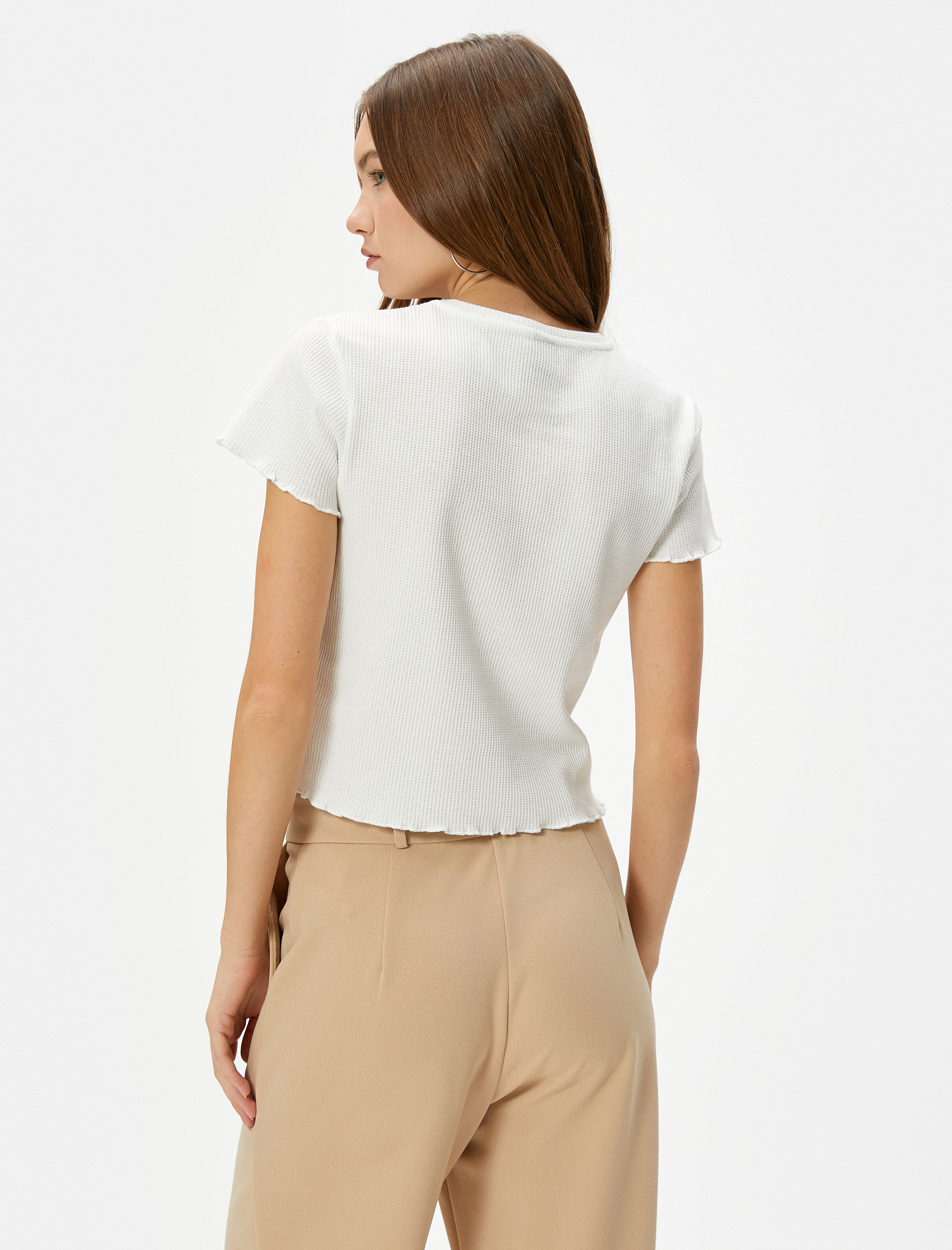   Köpek Baskılı Crop Tişört Kısa Kollu Bisiklet Yaka Dokulu Pamuklu