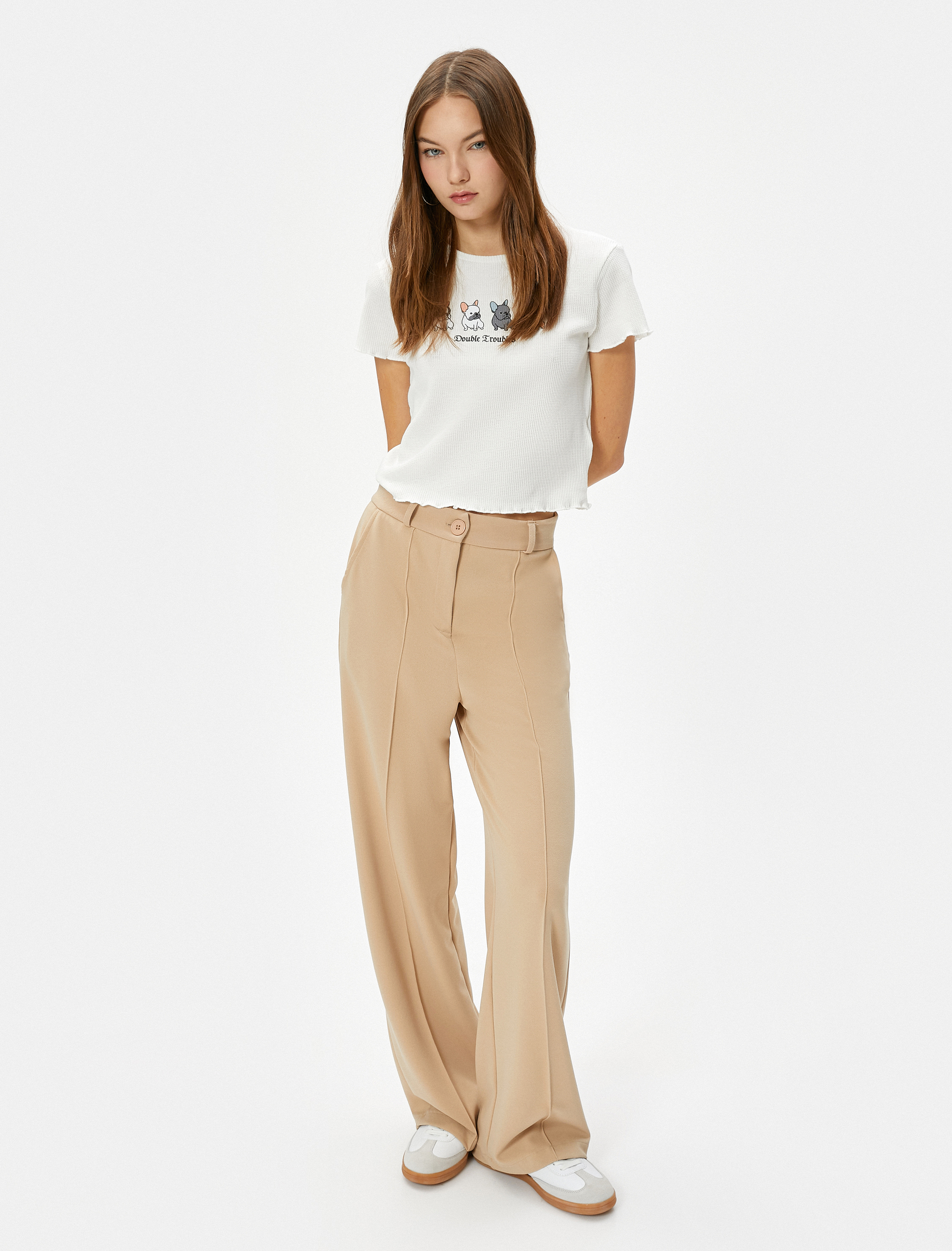   Köpek Baskılı Crop Tişört Kısa Kollu Bisiklet Yaka Dokulu Pamuklu