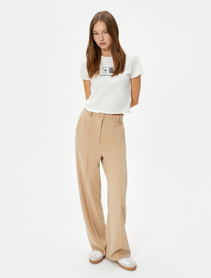  Köpek Baskılı Crop Tişört Kısa Kollu Bisiklet Yaka Dokulu Pamuklu