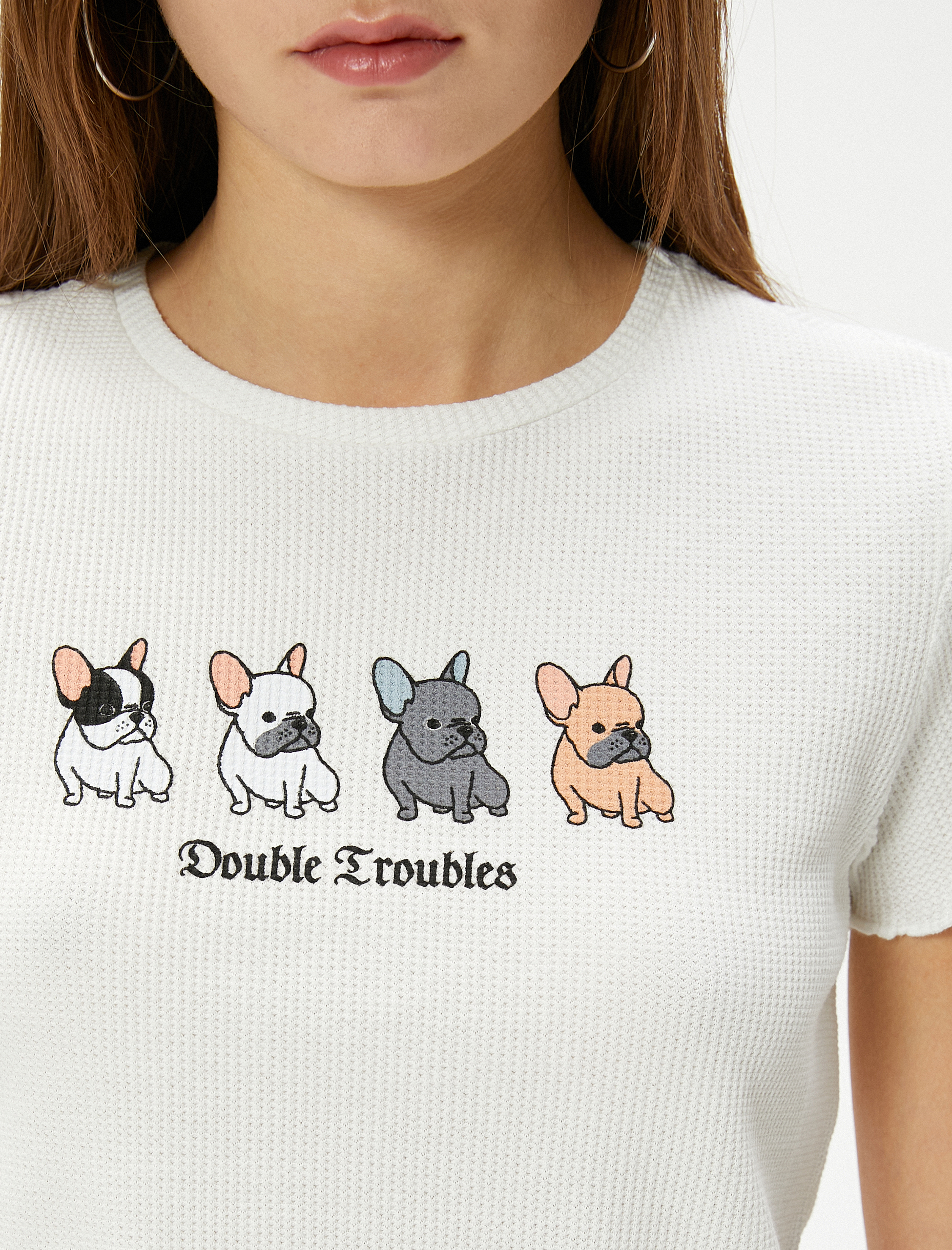   Köpek Baskılı Crop Tişört Kısa Kollu Bisiklet Yaka Dokulu Pamuklu