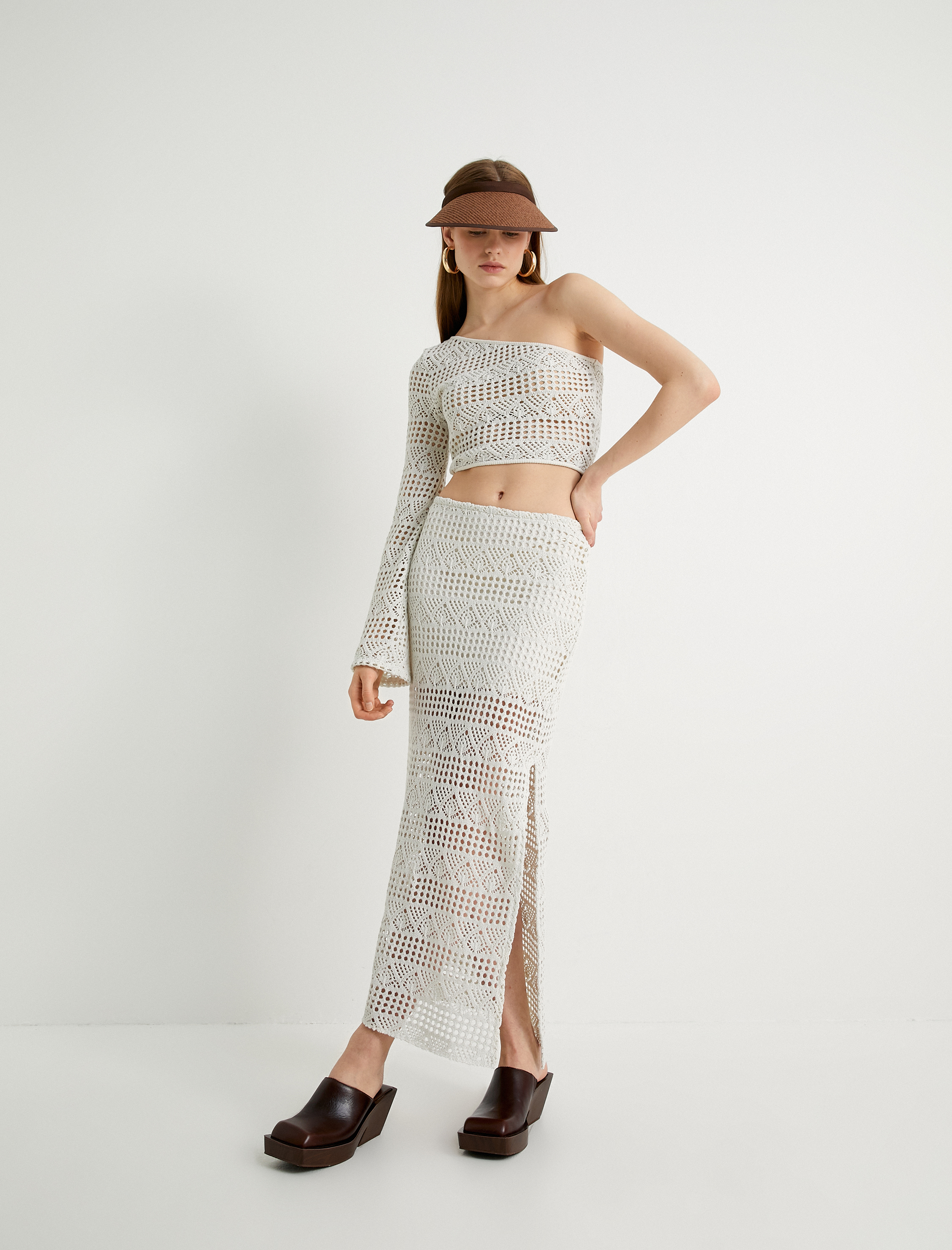   Uzun Kroşe Etek Yandan Yırtmaç Detaylı Astarlı