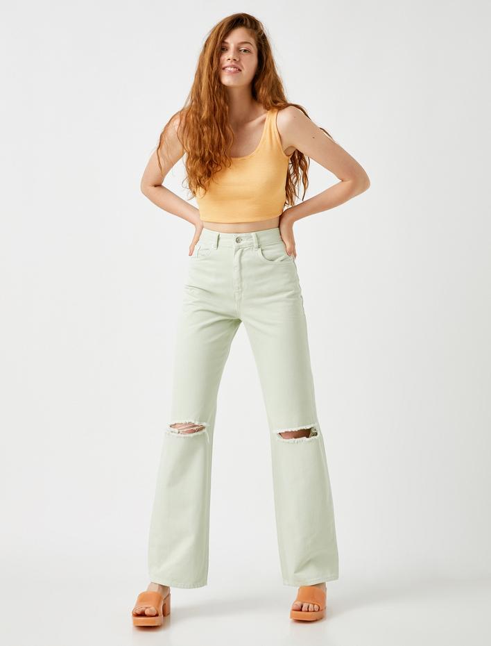  Kot Pantolon Geniş Paça Yüksek Bel Rahat Kesim