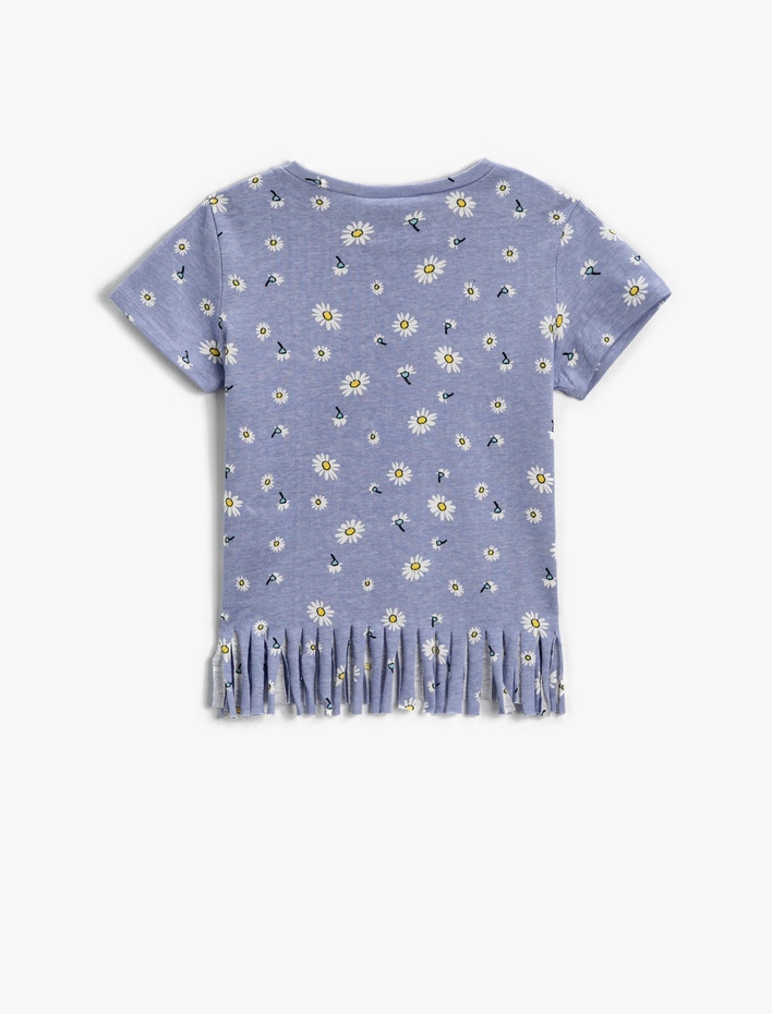 Kız Çocuk Püsküllü Tişört Çiçekli Bisiklet Yaka Kısa Kollu Pamuklu