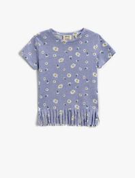 Püsküllü Tişört Çiçekli Bisiklet Yaka Kısa Kollu Pamuklu