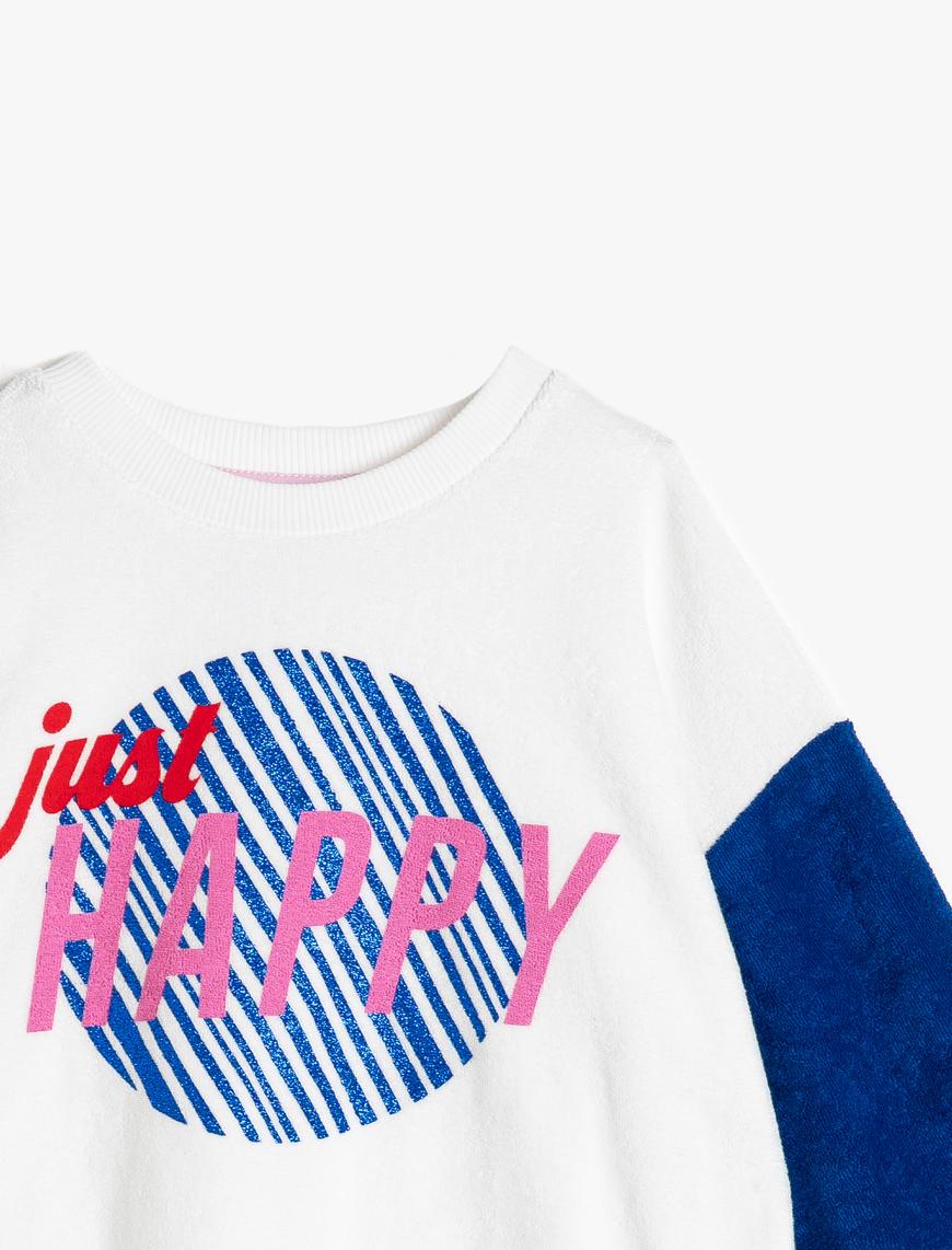  Kız Çocuk Havlu Kumaştan Farklı Renk Kol Detaylı Simli Yazılı Baskılı Sweatshirt