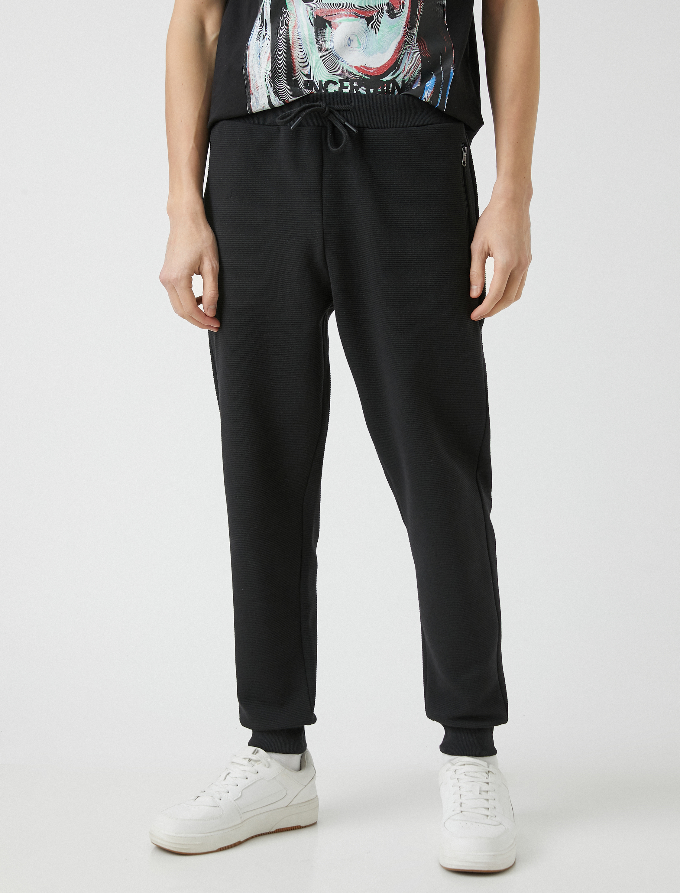   Jogger Eşofman Altı Beli Bağcıklı Dar Kesim Fermuar Cepli