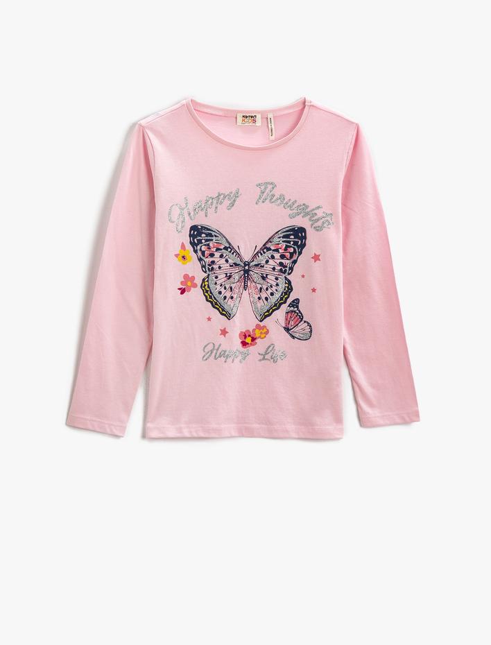 Kız Çocuk Uzun Kollu Tişört Baskılı Bisiklet Yaka Pamuklu