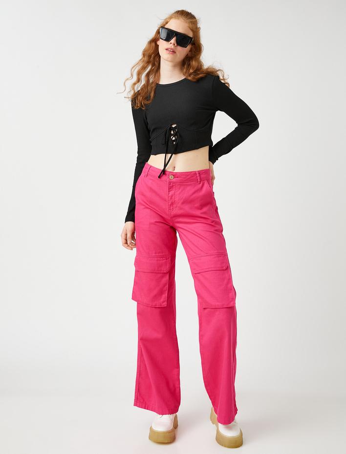  Uzun Kollu Tişört Crop Korse Detaylı Bağlama Detaylı