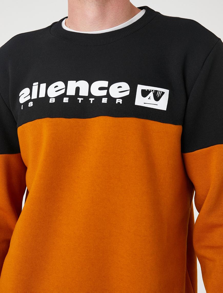   Slogan Baskılı Sweatshirt Şardonlu Renk Bloklu