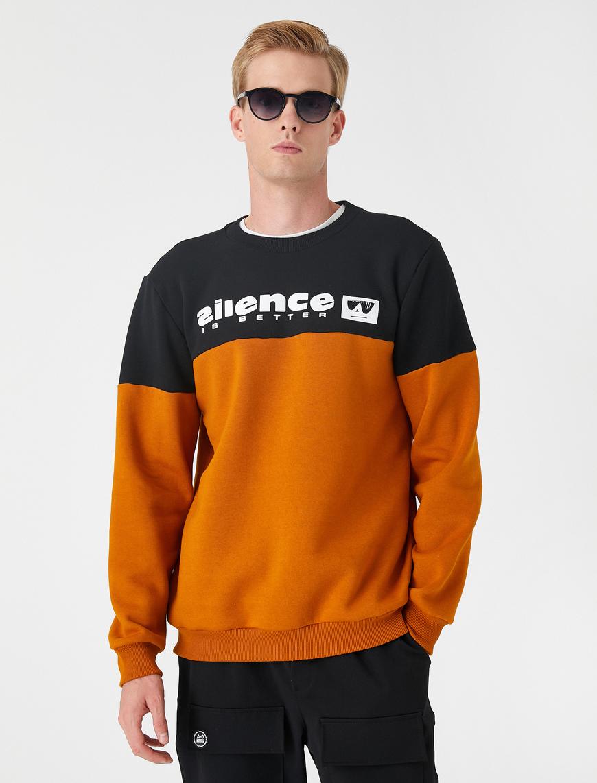   Slogan Baskılı Sweatshirt Şardonlu Renk Bloklu