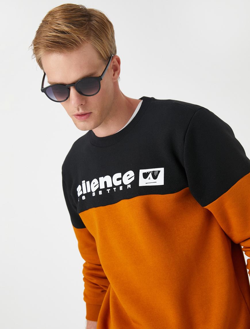   Slogan Baskılı Sweatshirt Şardonlu Renk Bloklu