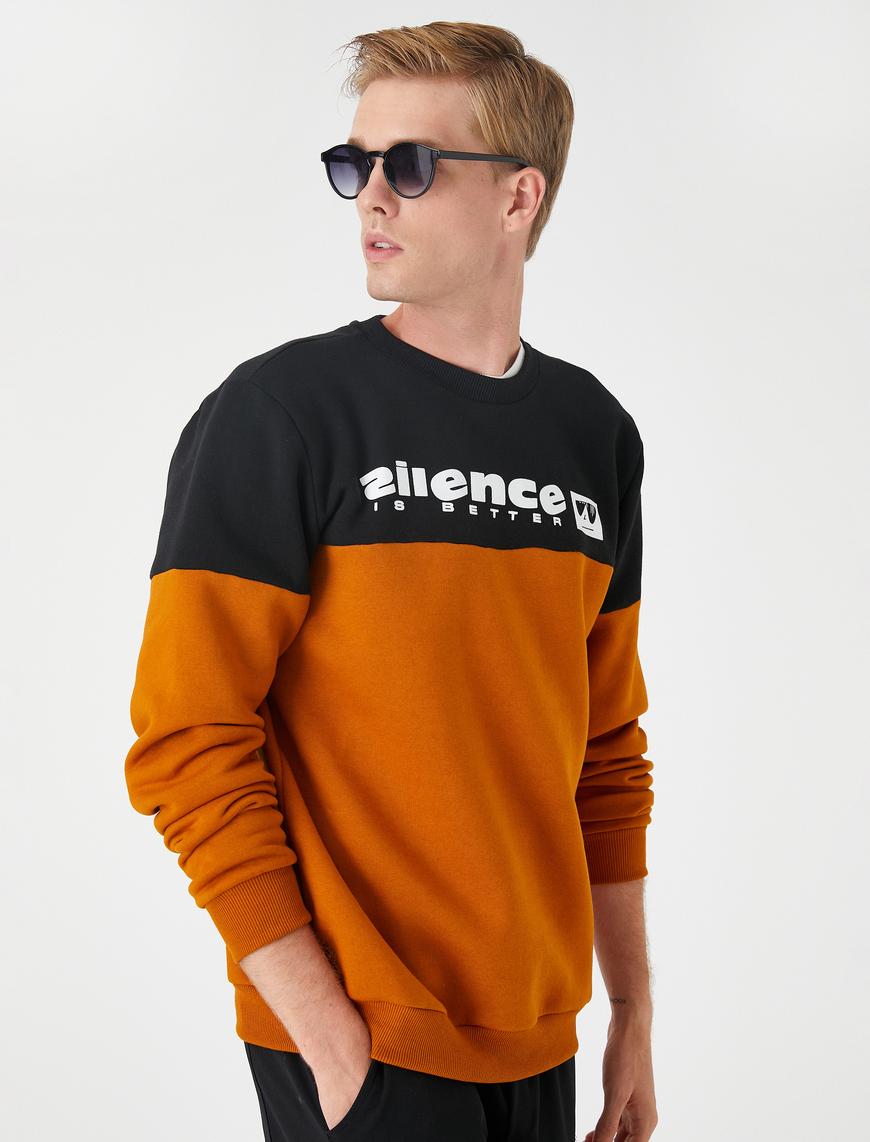   Slogan Baskılı Sweatshirt Şardonlu Renk Bloklu