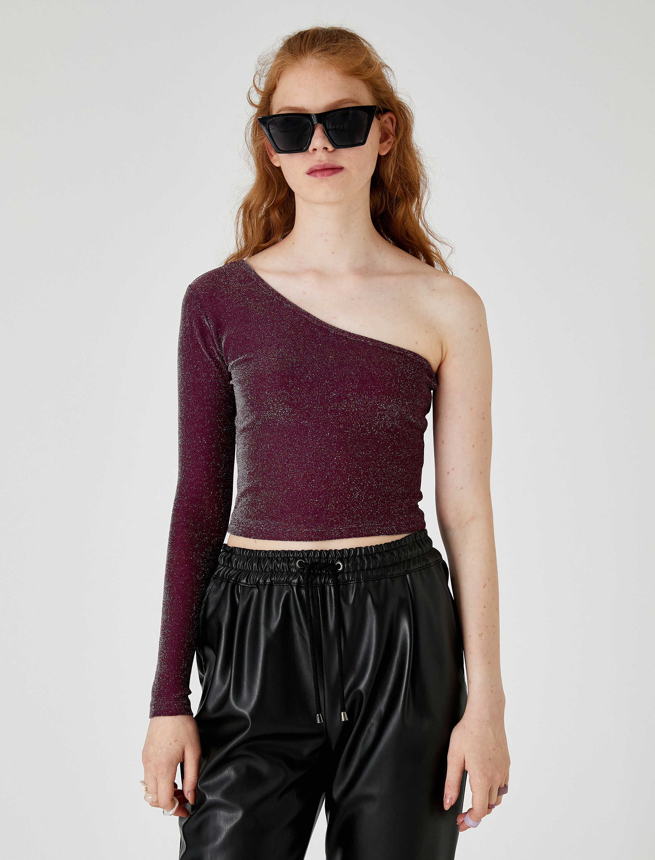   Tek Omuz Tişört Crop Simli Uzun Kollu