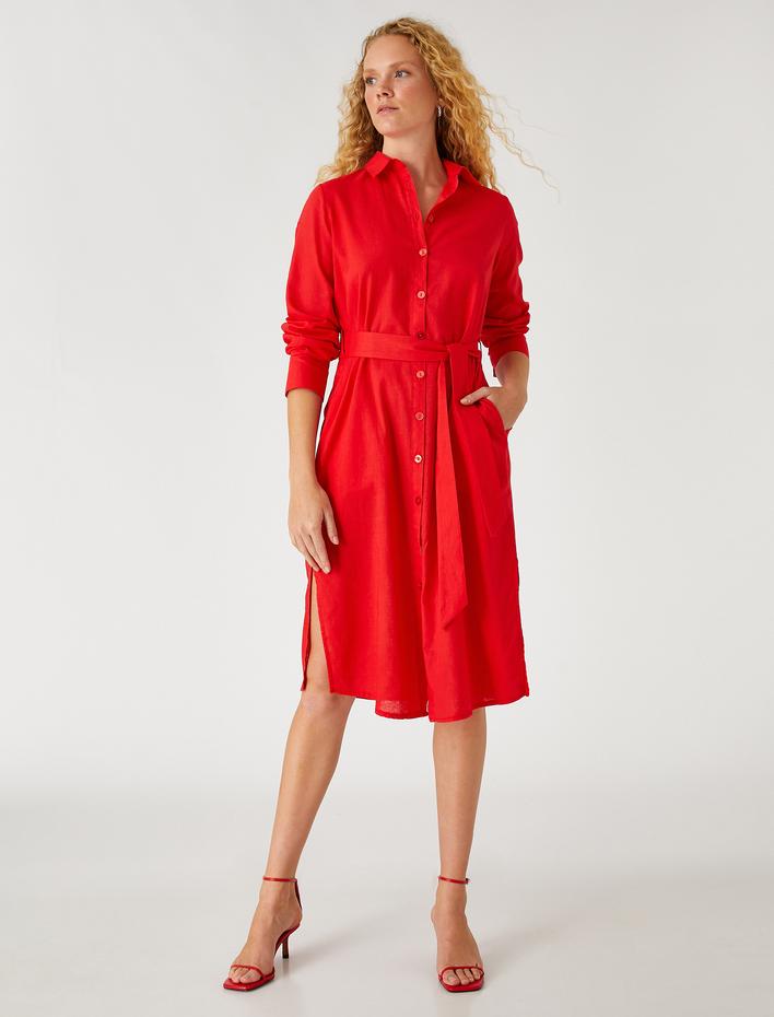  Midi Boy Gömlek Elbise Keten Karışımlı