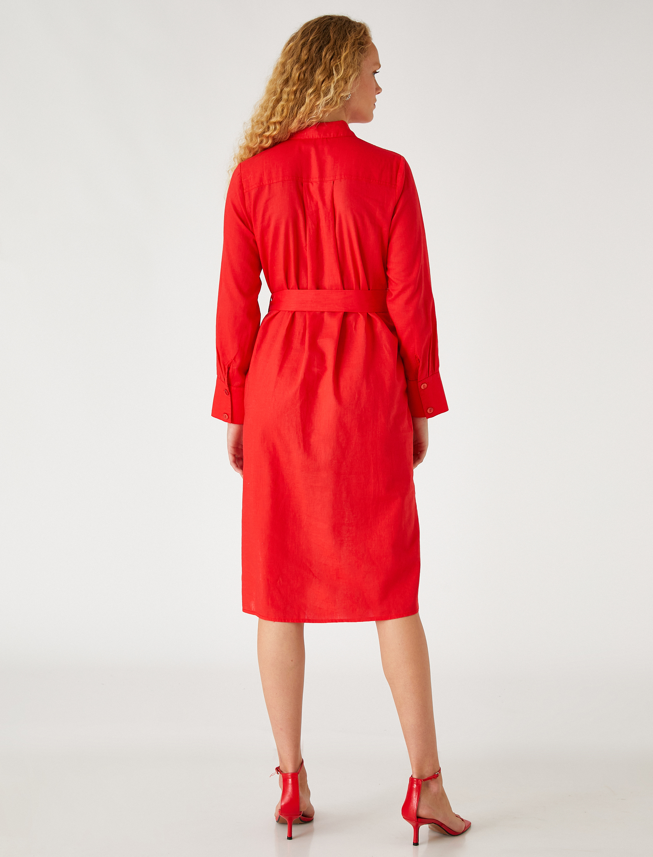   Midi Boy Gömlek Elbise Keten Karışımlı