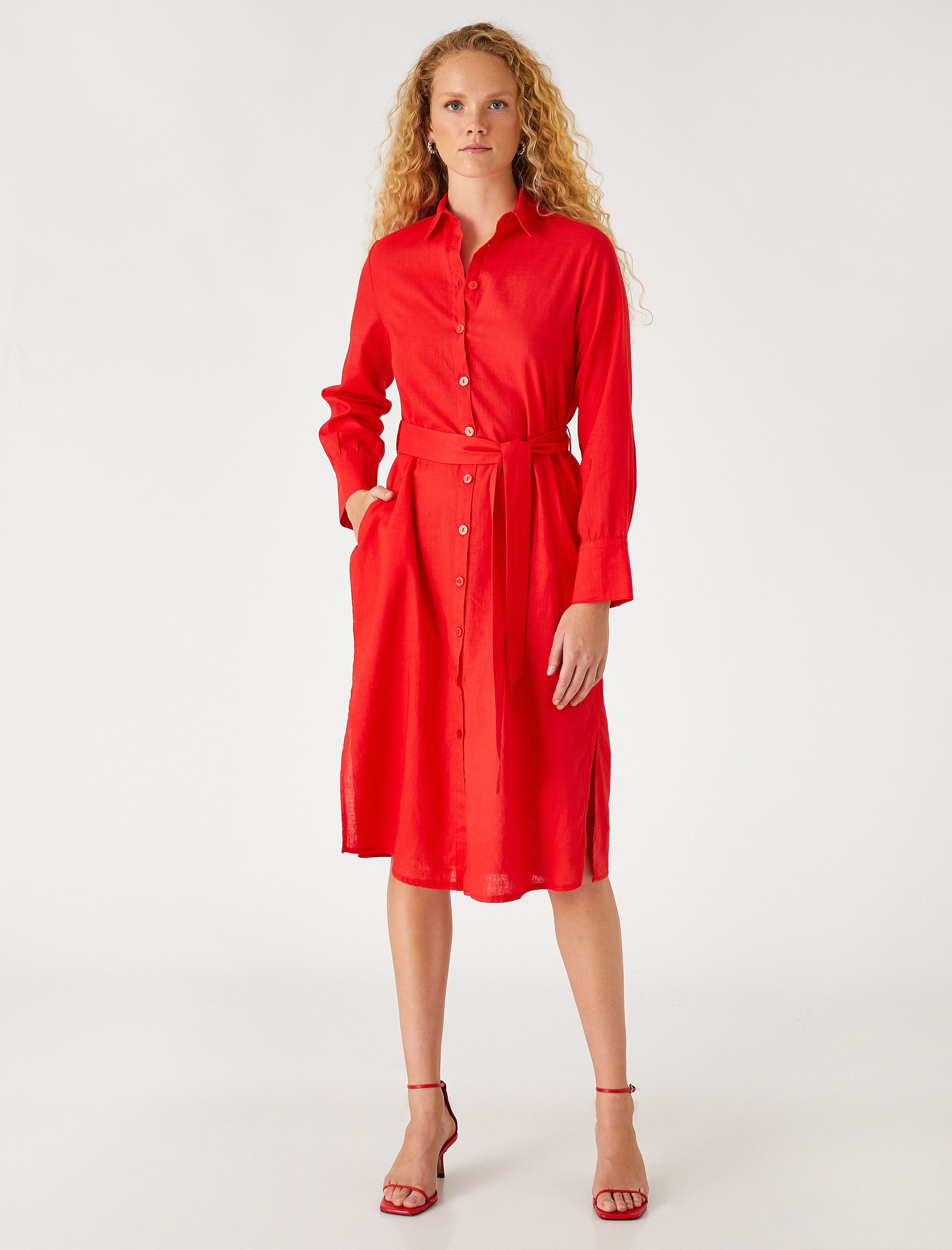   Midi Boy Gömlek Elbise Keten Karışımlı