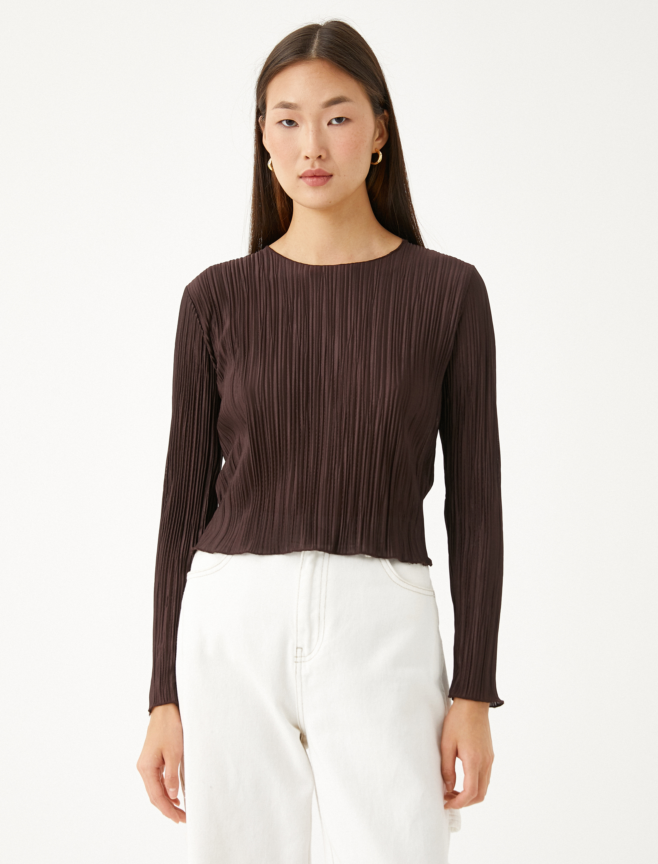   Piliseli Crop Tişört Bisiklet Yaka Uzun Kollu