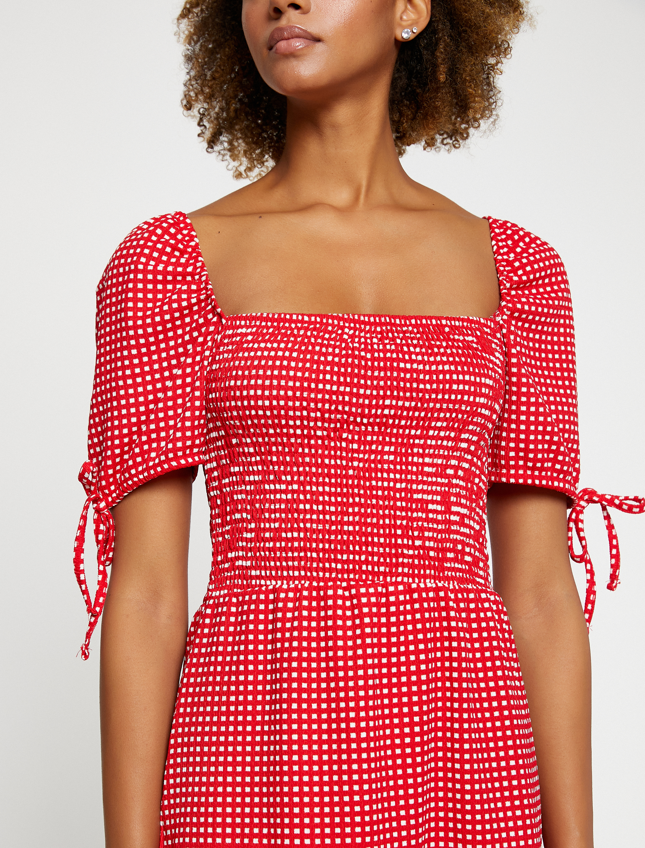   Kareli Elbise Kare Yaka Gipeli Balon Kollu Bürümcük