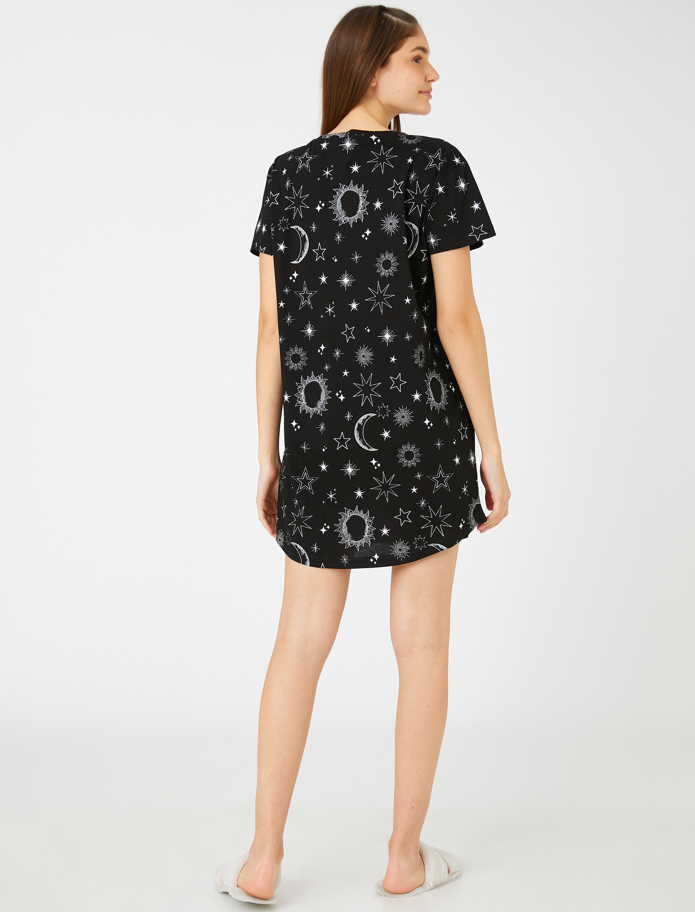   Pamuklu Gecelik Desenli Kısa Kollu