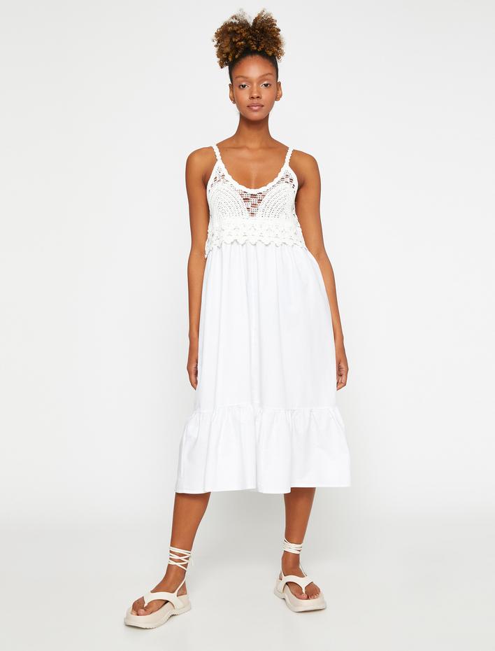  Kroşe Detaylı Midi Elbise Askılı Volanlı