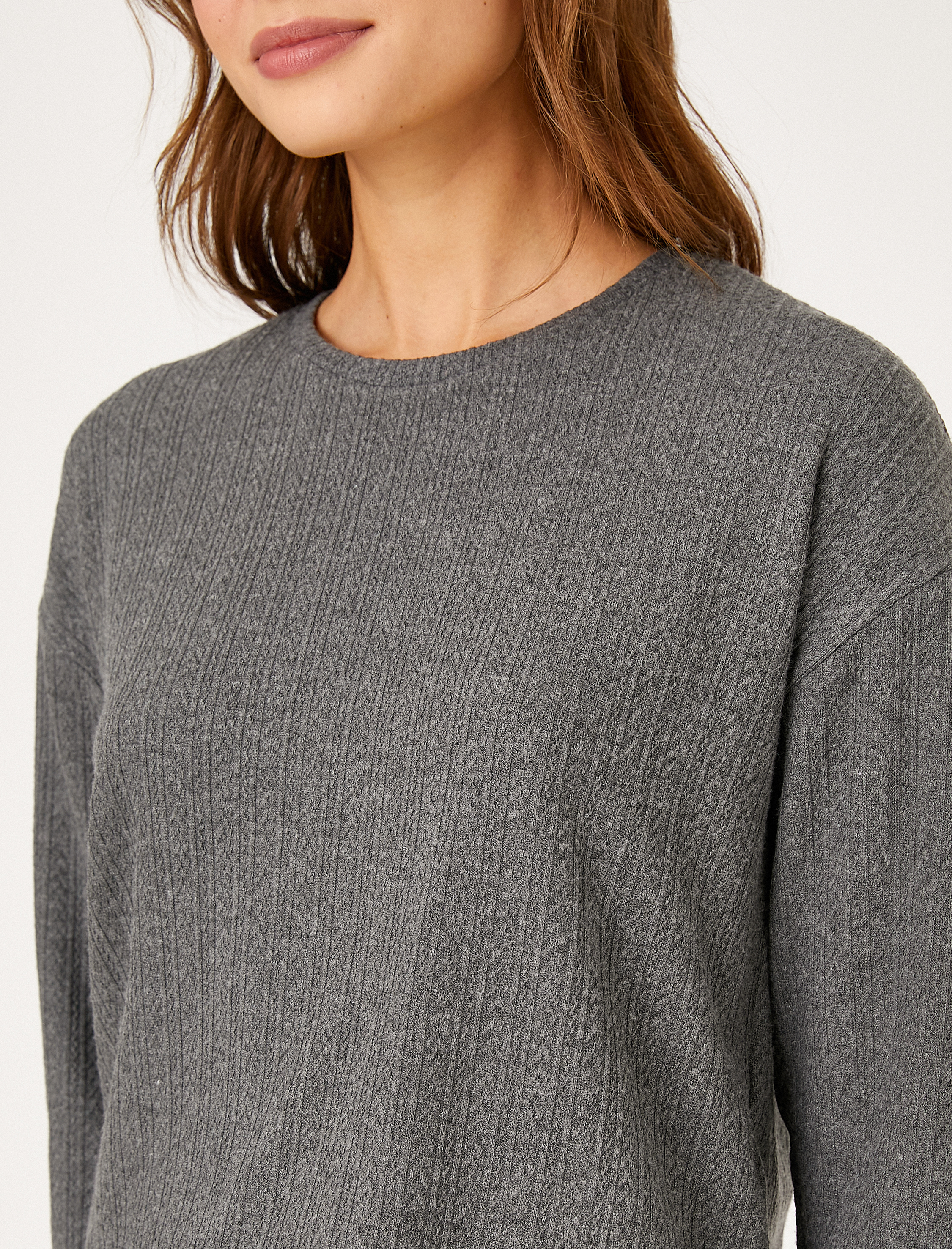   Uzun Kollu Pijama Üstü Bisiklet Yaka Dokulu