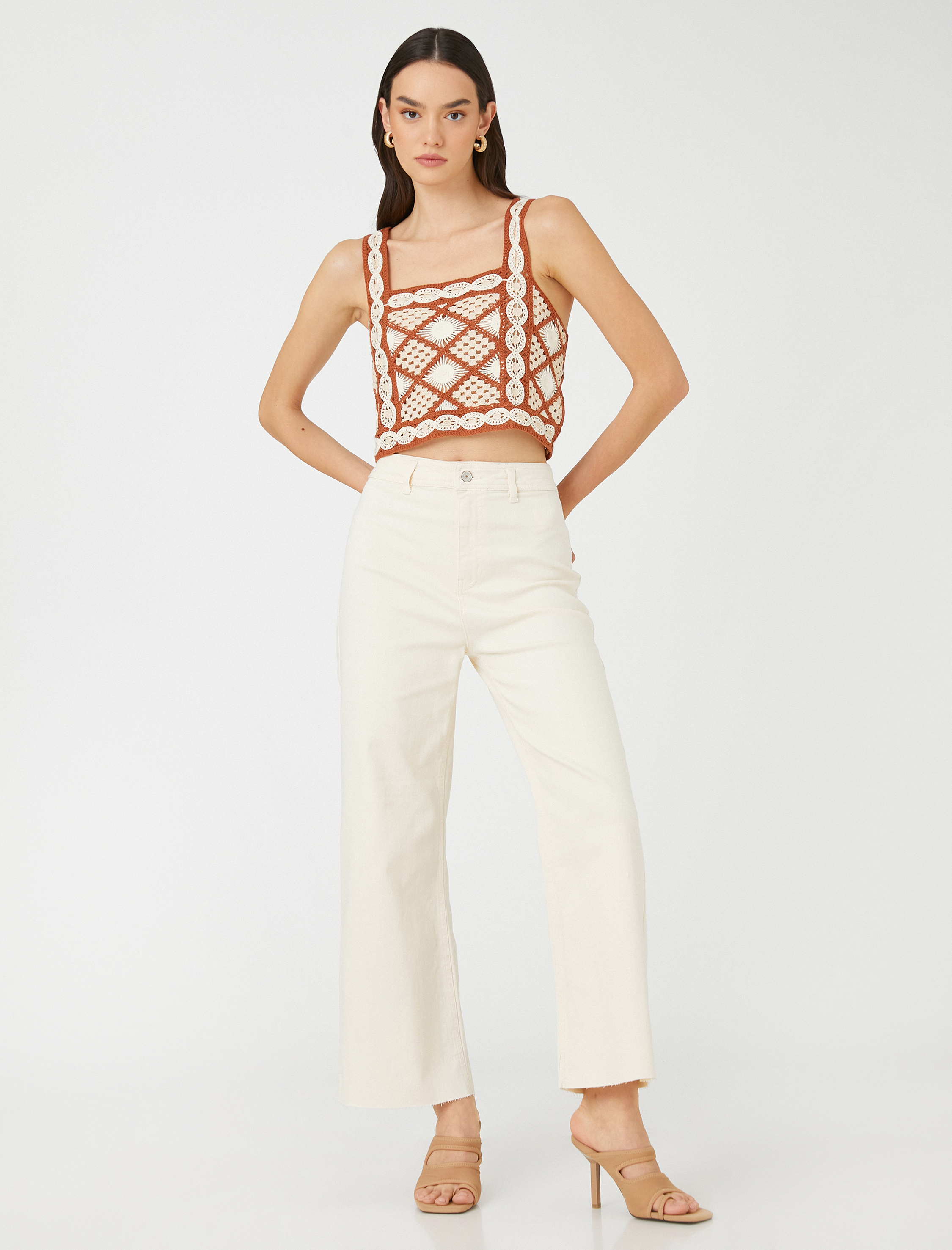   Kot Pantolon Yüksek Bel Crop Bol Paça - Sandra Jean