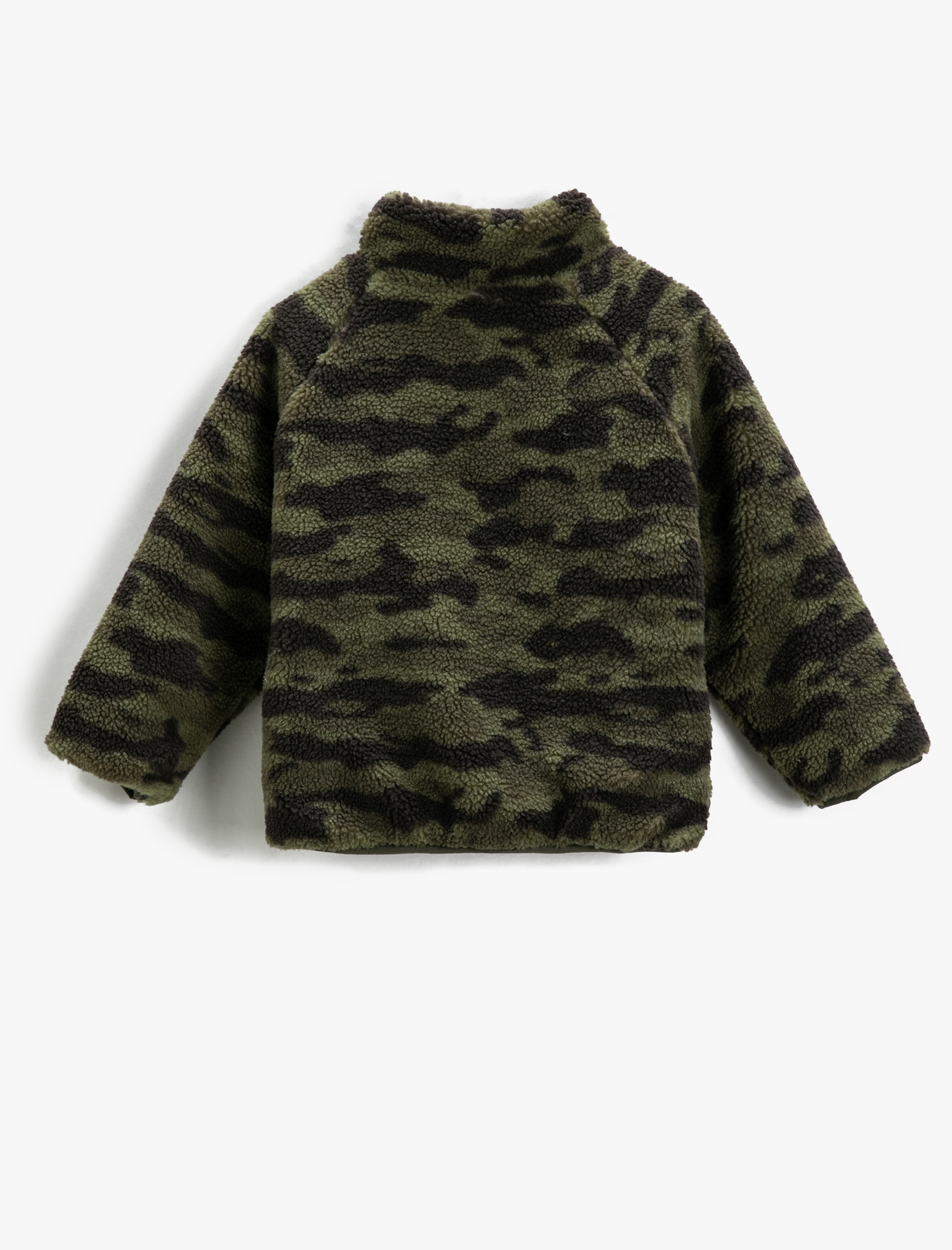  Erkek Çocuk Peluş Ceket Kamuflaj Desenli Dik Yaka Cepli Fermuar Kapamalı