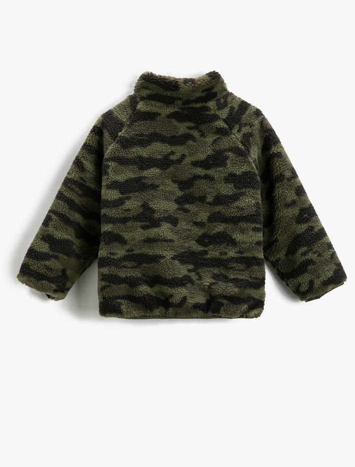 Erkek Çocuk Peluş Ceket Kamuflaj Desenli Dik Yaka Cepli Fermuar Kapamalı