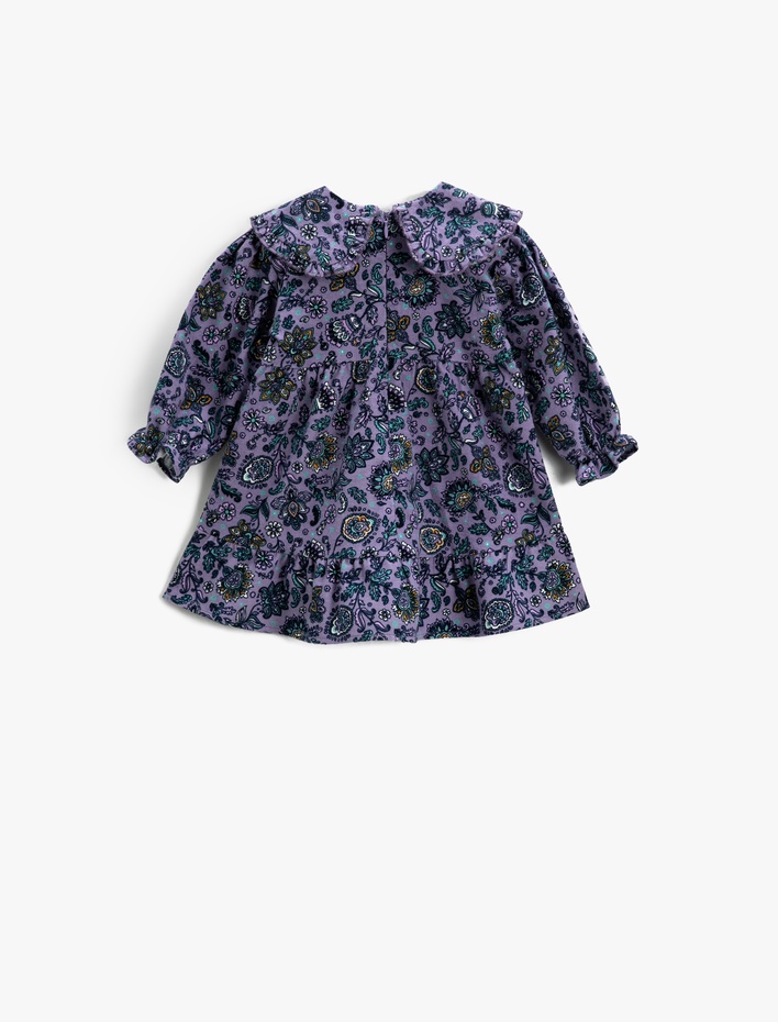 Kız Bebek Elbise Geniş Bebe Yaka Fırfırlı Çiçekli Uzun Kollu Manşetleri Lastikli