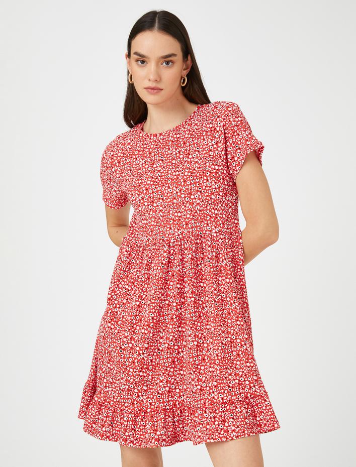  Çiçekli Mini Elbise Kısa Kollu Bisiklet Yaka Fırfırlı