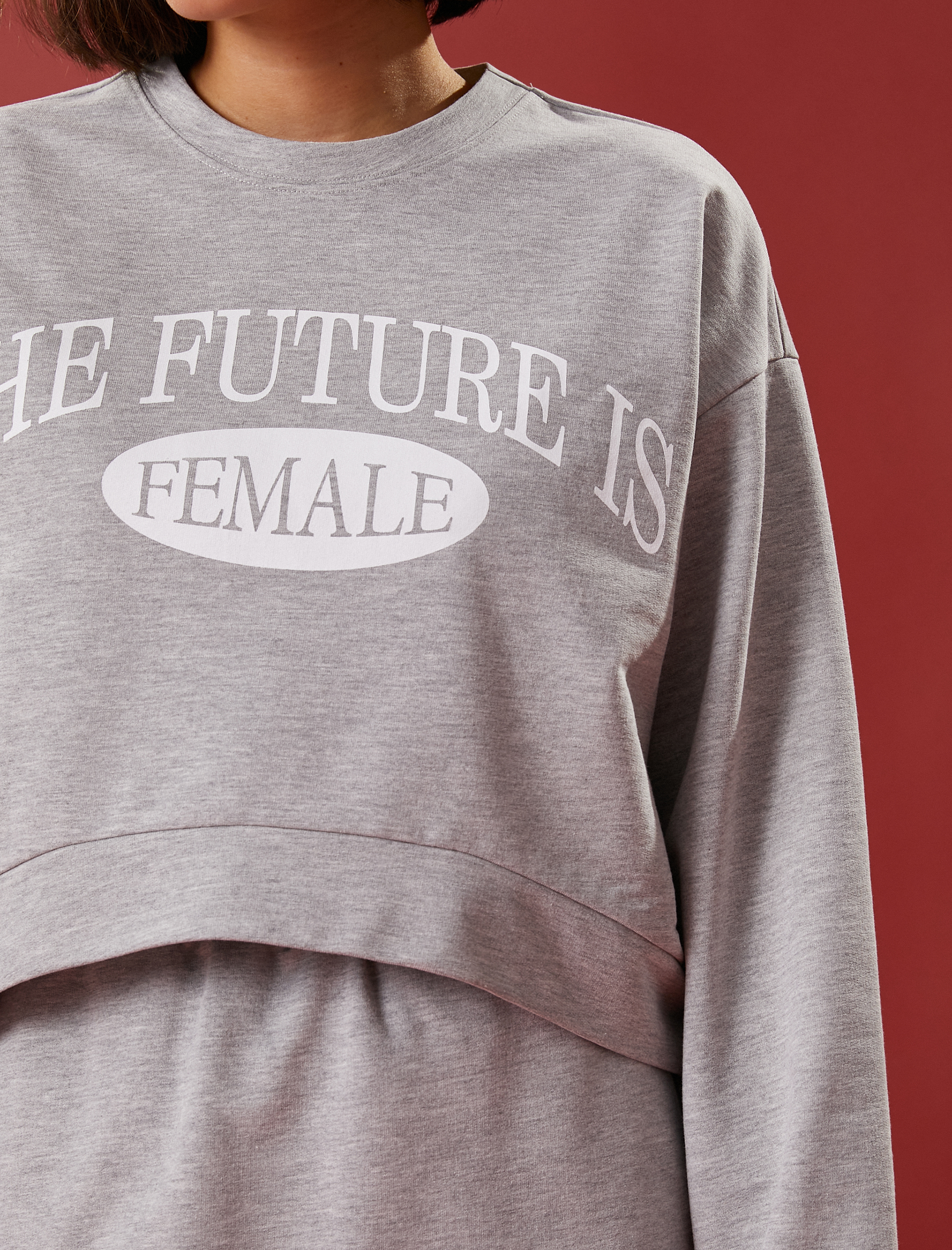   Crop Sweatshirt Baskılı Uzun Kollu Bisiklet Yaka Pamuklu