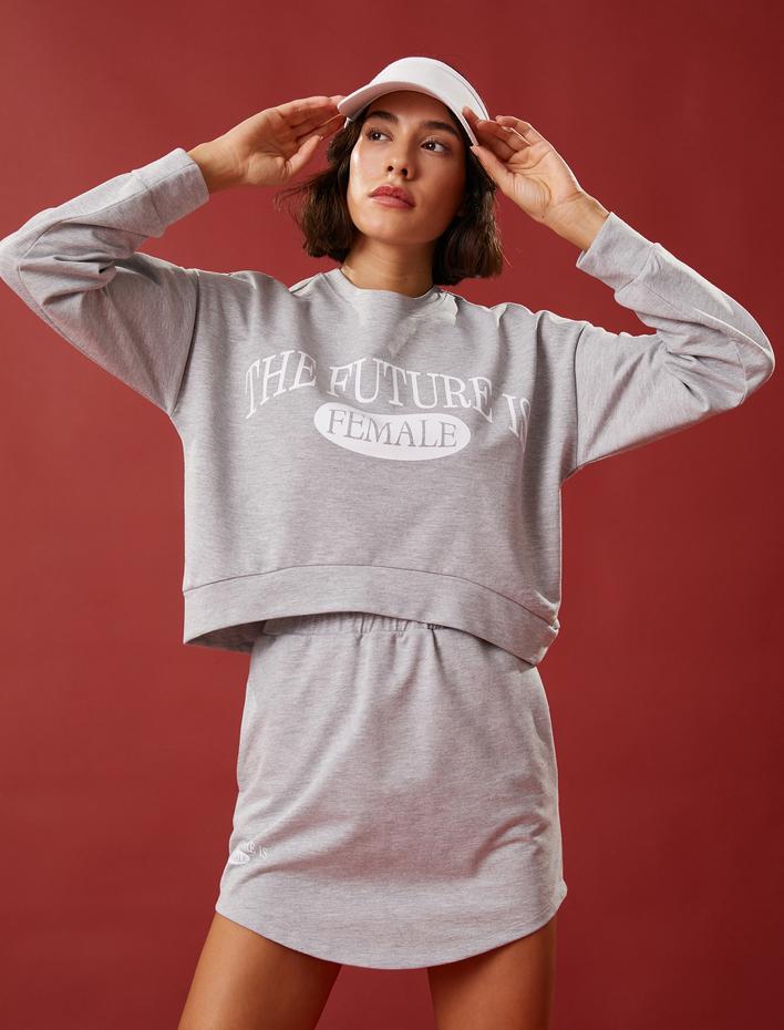  Crop Sweatshirt Baskılı Uzun Kollu Bisiklet Yaka Pamuklu