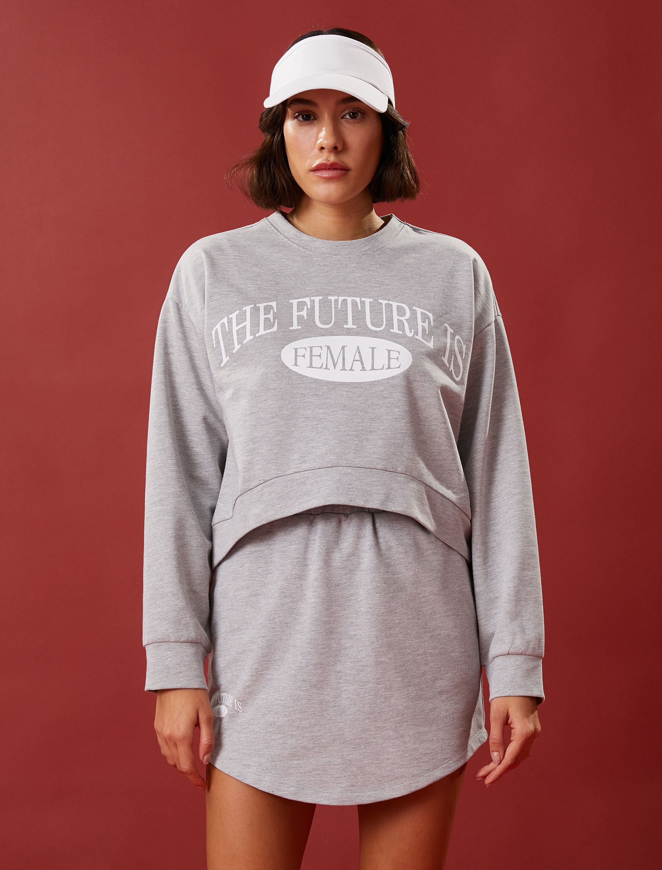   Crop Sweatshirt Baskılı Uzun Kollu Bisiklet Yaka Pamuklu