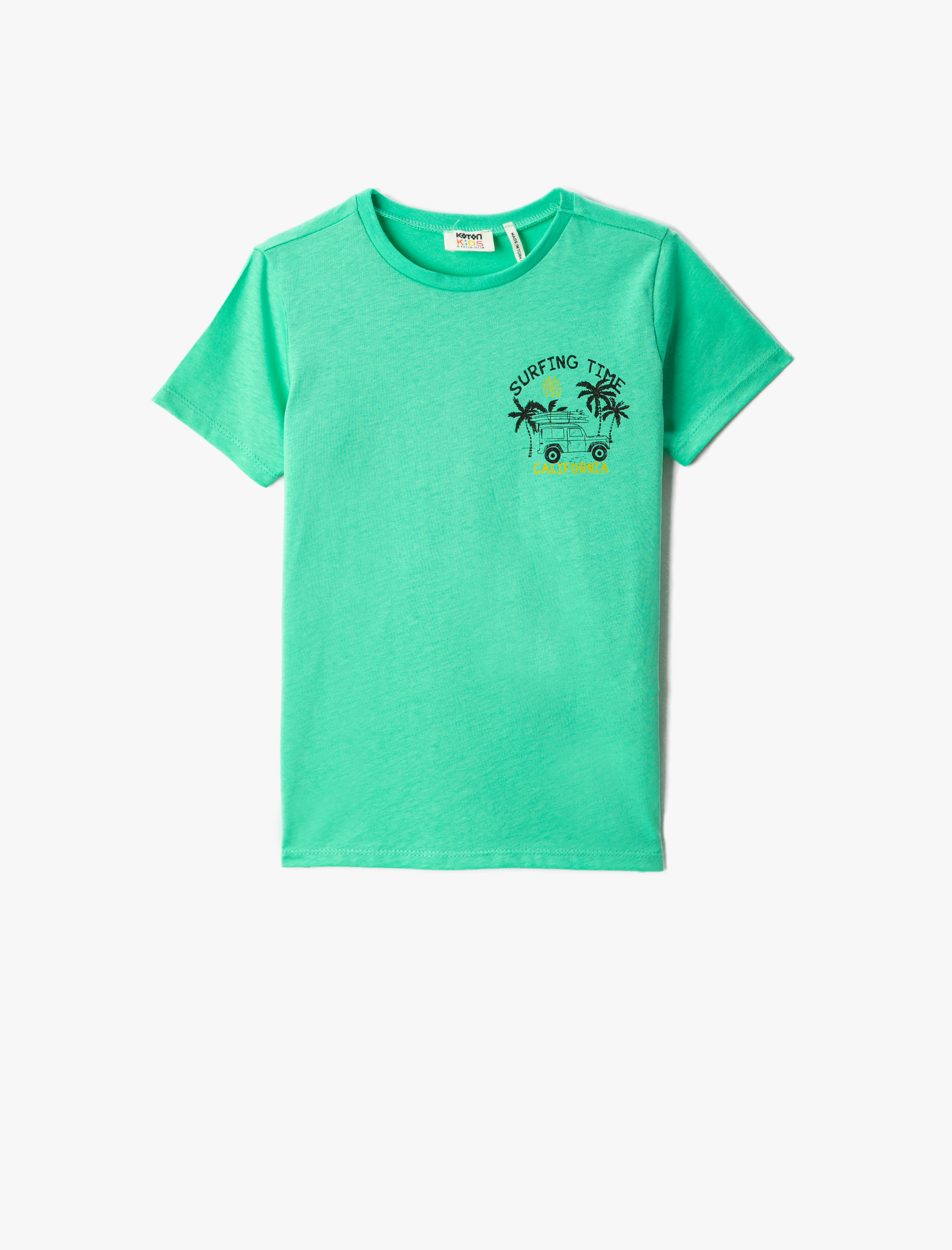  Erkek Çocuk Palmiye Baskı Detaylı Baskılı Kısa Kollu Tişört Bisiklet Yaka Pamuklu