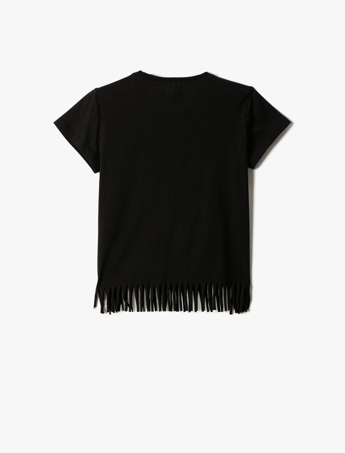 Kız Çocuk Kedi Baskılı Kısa Kollu Tişört Püsküllü Bisiklet Yaka Pamuklu