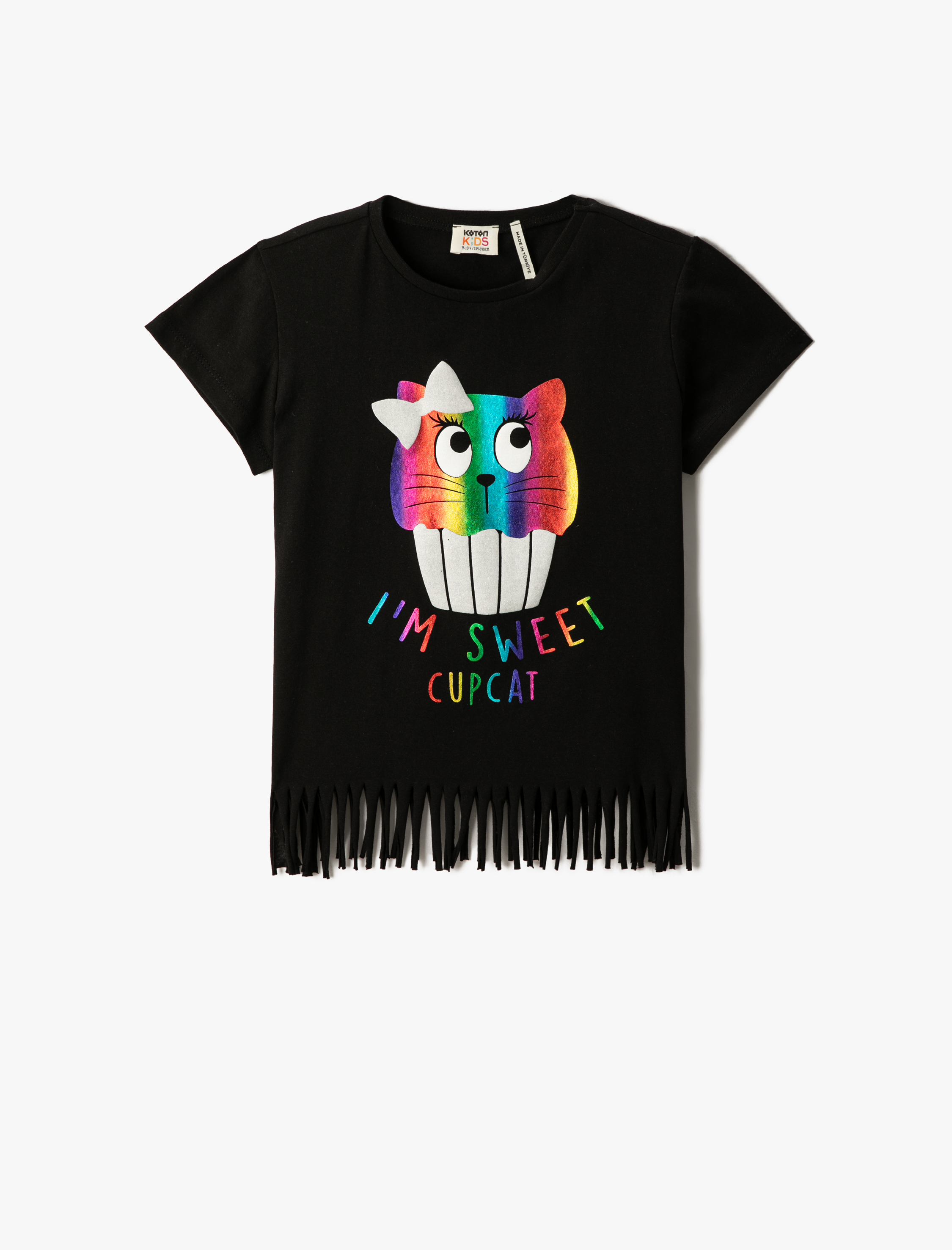  Kız Çocuk Kedi Baskılı Kısa Kollu Tişört Püsküllü Bisiklet Yaka Pamuklu