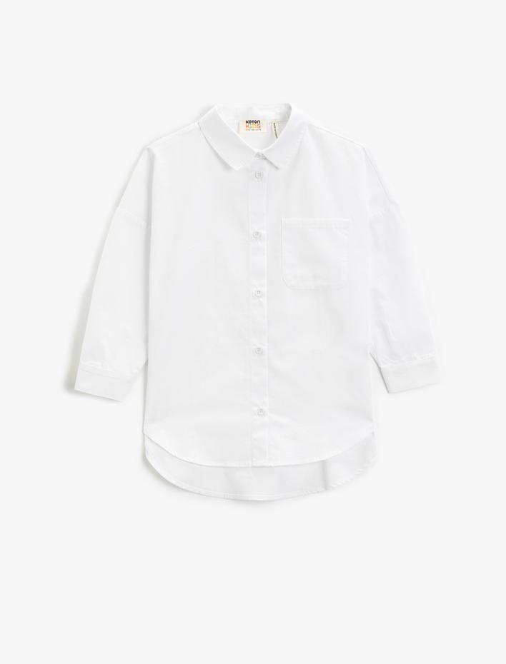 Kız Çocuk Oversize Gömlek Tek Cepli Uzun Kollu Pamuklu