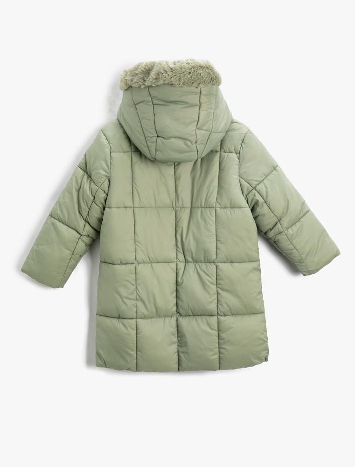 Kız Çocuk Şişme Uzun Mont Kapüşonlu Kapitone İçi Yarım Polar Astarlı